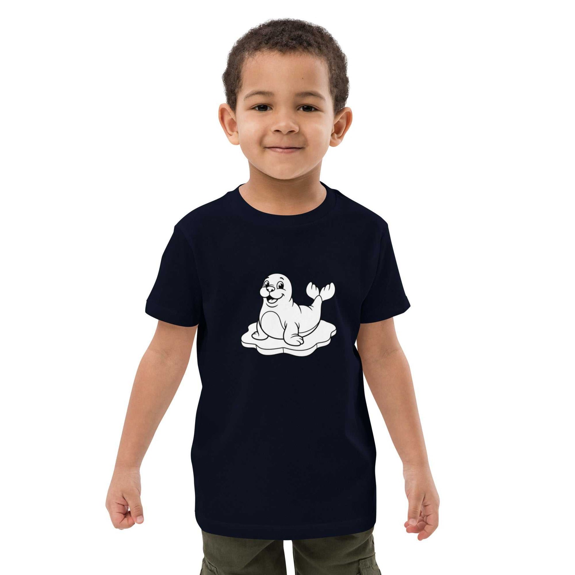 Navy eco-friendly kids t-shirt with a seal cartoon design, made from soft organic cotton for eco-conscious children's fashion.