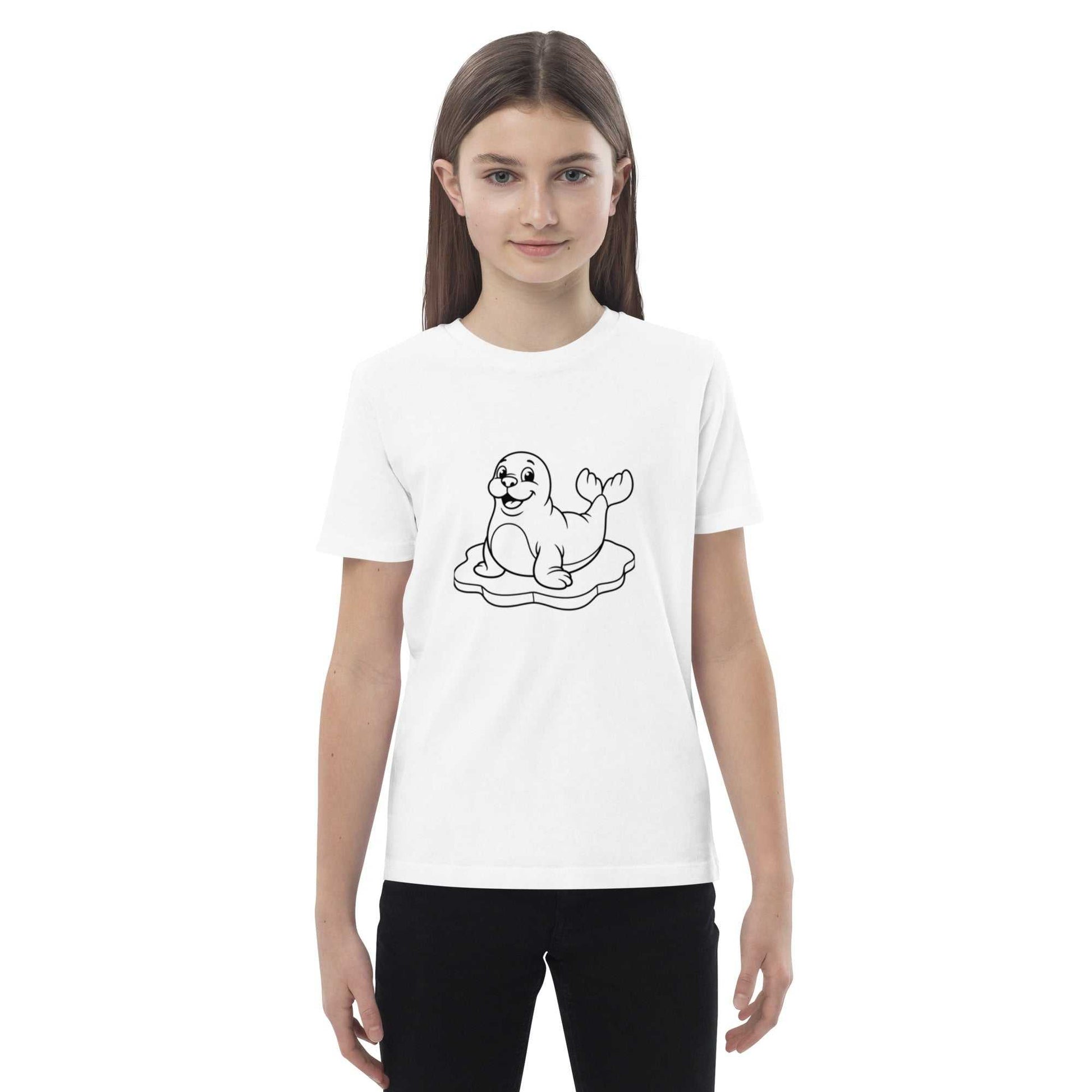 White eco-friendly kids t-shirt with a funny seal print, made from organic cotton for breathable and sustainable wear.