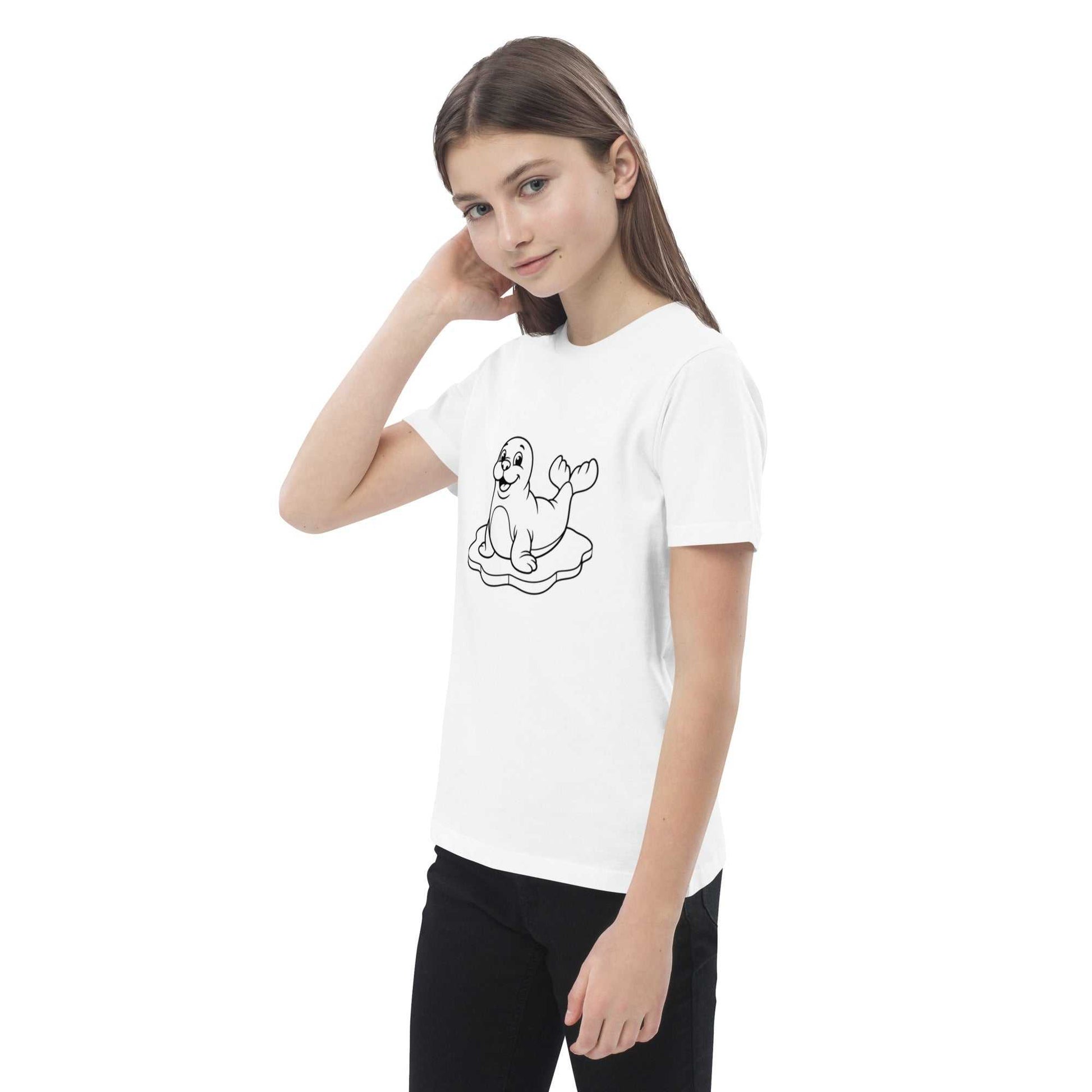 Eco-friendly kids t-shirt in white with a funny seal design, made from organic cotton. Perfect for casual kids apparel and sustainable fashion.