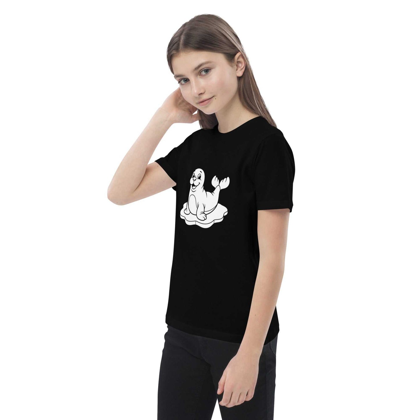 Black kids t-shirt with a cheerful seal print, made from GOTS-certified organic cotton for eco-conscious families.