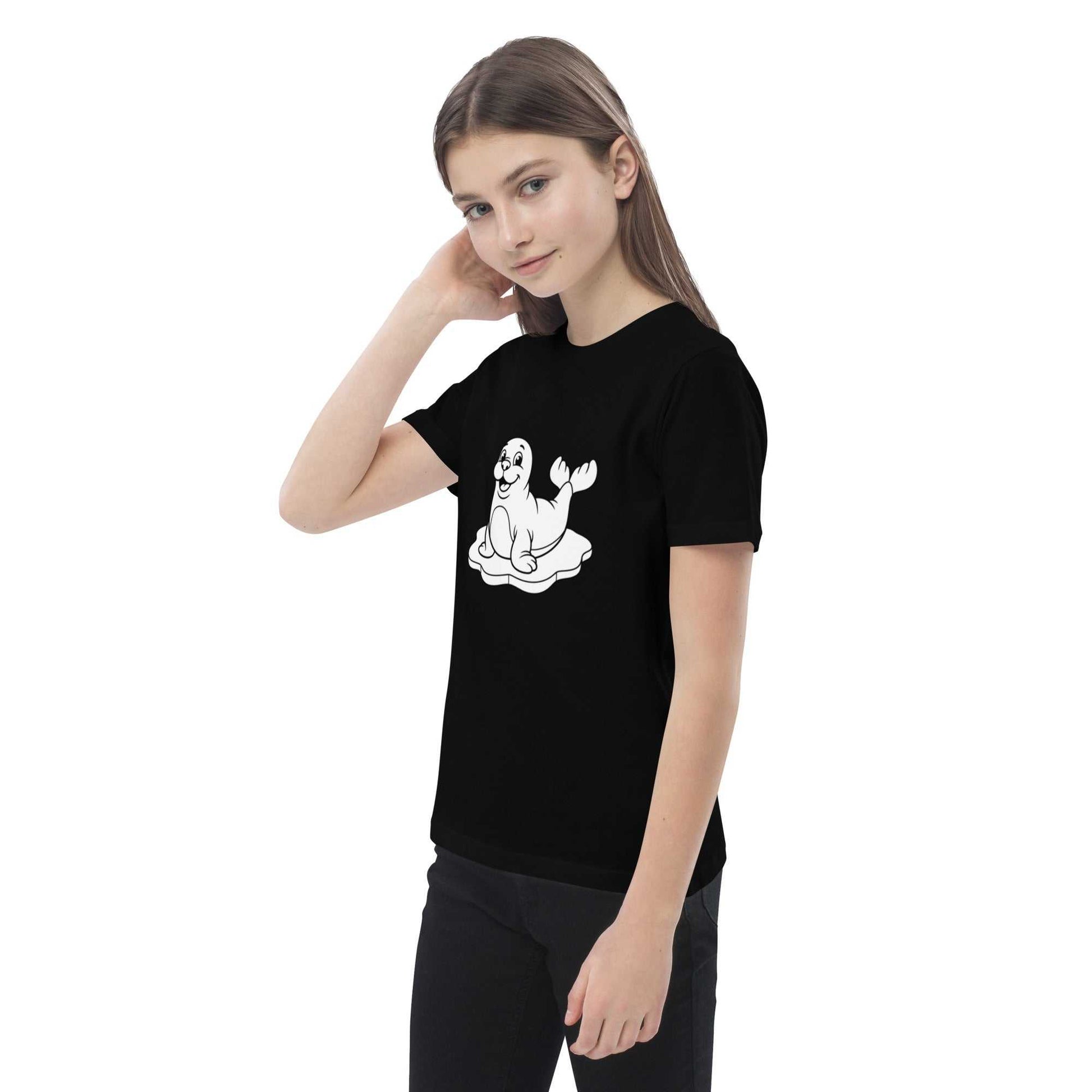 Black kids t-shirt with a cheerful seal print, made from GOTS-certified organic cotton for eco-conscious families.