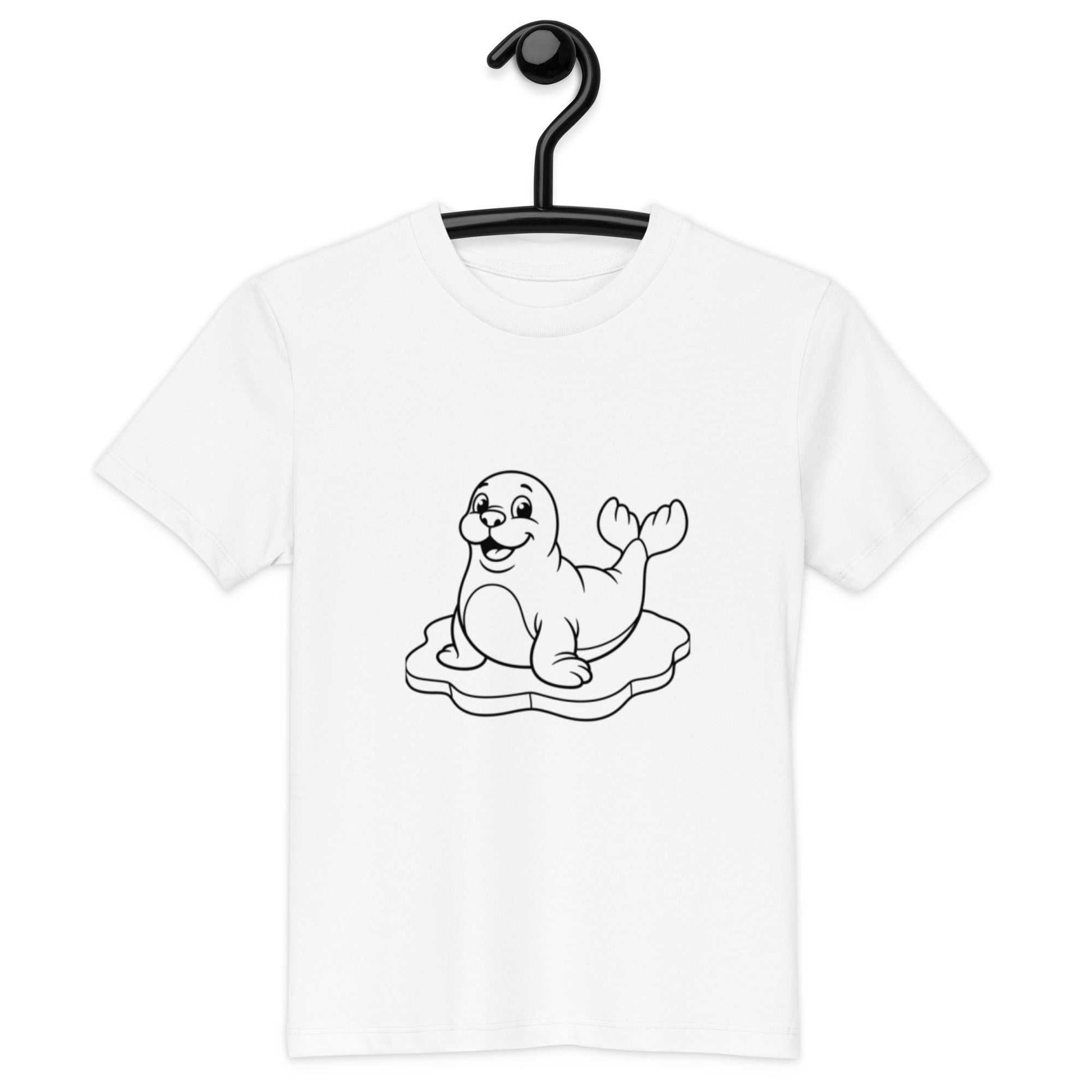 White organic cotton kids t-shirt on hanger with a cute seal graphic, ideal for eco-friendly and playful children's fashion.