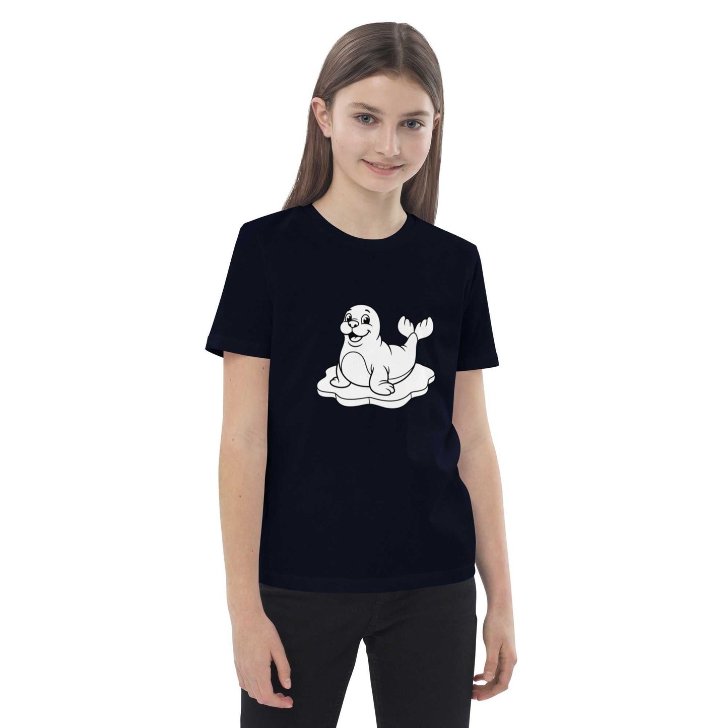 Eco-friendly kids t-shirt in navy with a cute seal illustration, crafted from organic cotton for soft and safe wear.