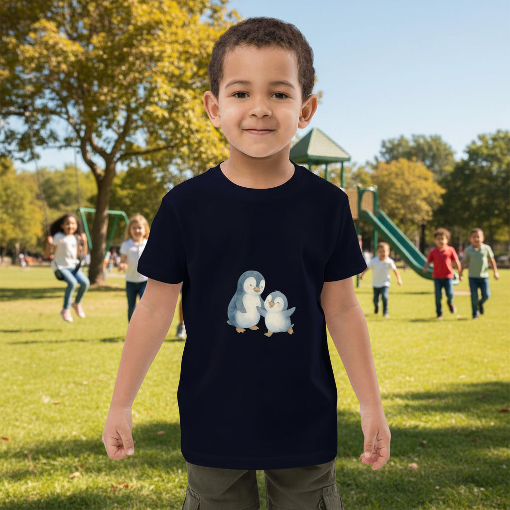 Kids Organic Cotton Penguin T-Shirt in navy, worn by a young boy. Features eco-friendly design with two cute penguins on the front.