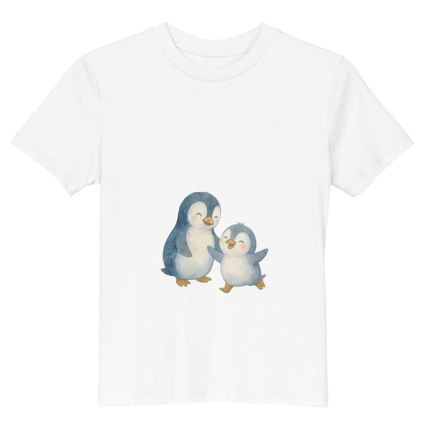 White kids organic cotton penguin t-shirt flat lay. Features cute penguin illustration on GOTS certified eco-friendly cotton.