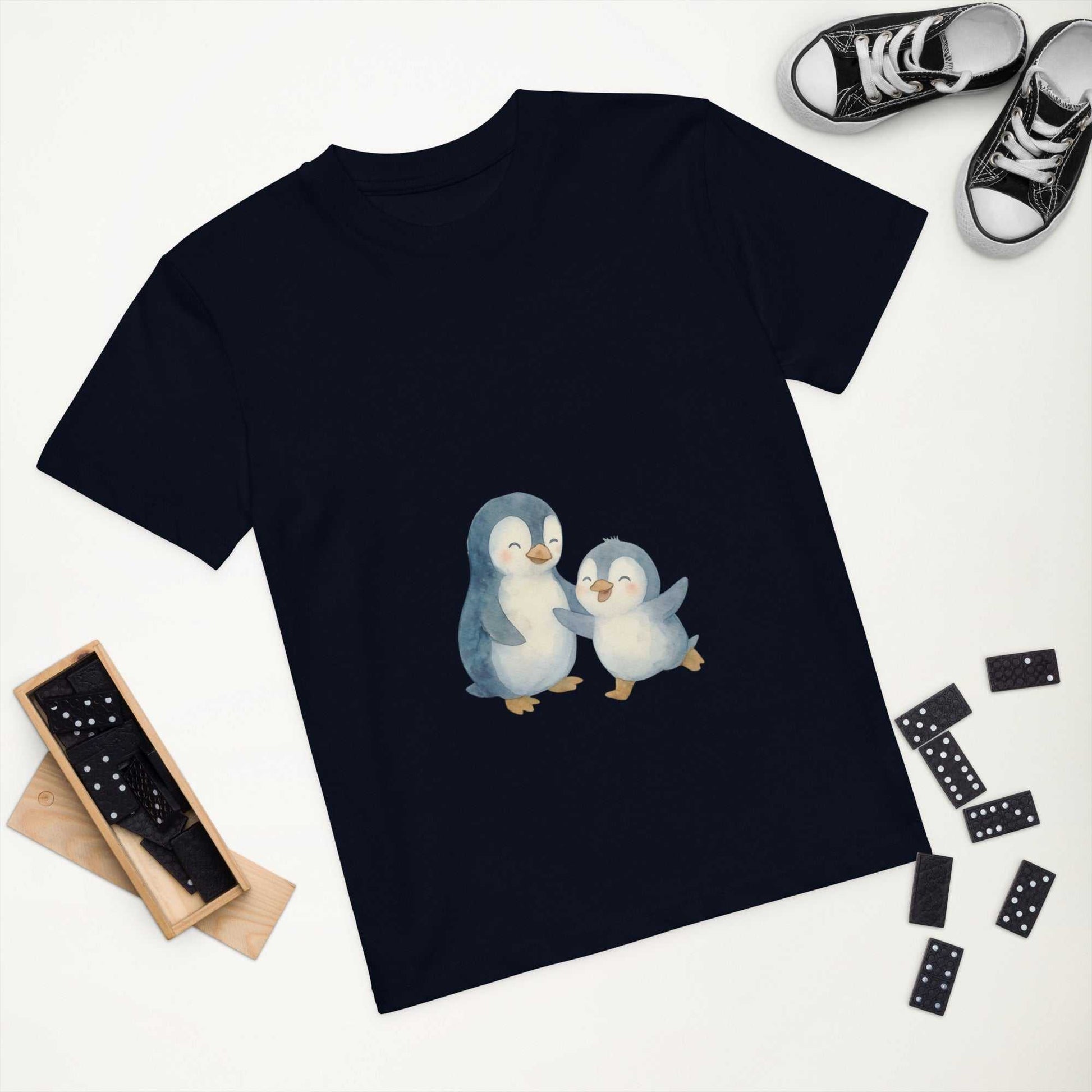 Flat lay of navy Kids Organic Cotton Penguin T-Shirt with adorable penguin design, made from GOTS certified organic cotton.