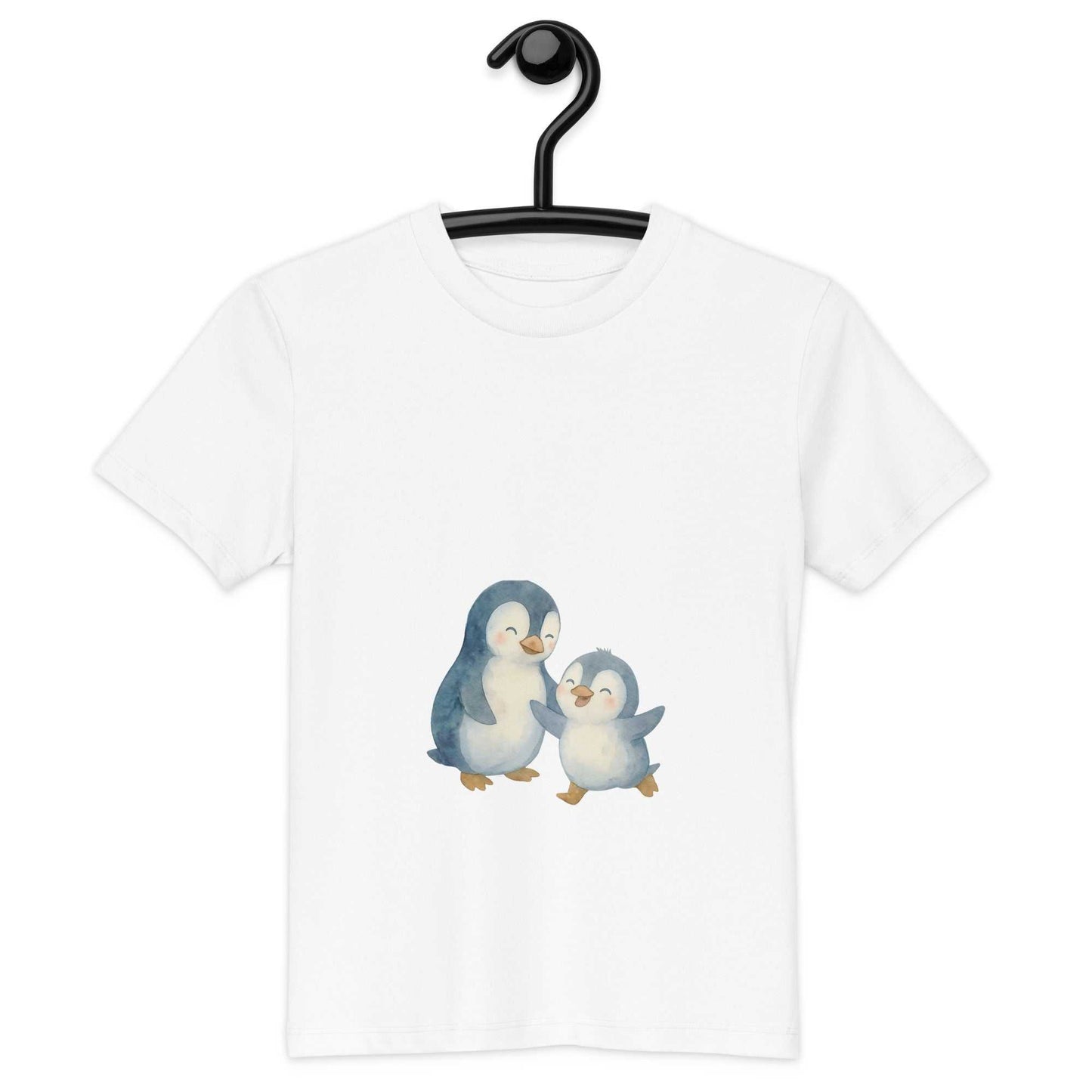 White kids organic cotton penguin t-shirt showcasing a charming penguin duo, made with GOTS certified fabric for eco-conscious comfort.