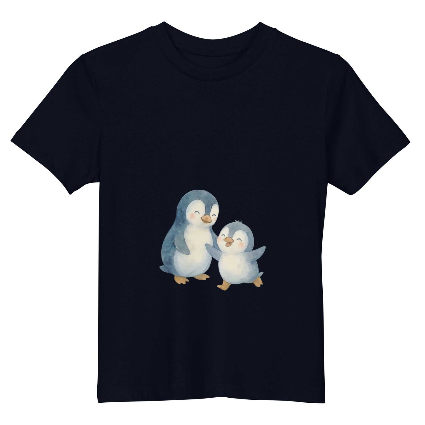 Flat view of navy kids organic cotton penguin t-shirt. Eco-friendly design with soft GOTS certified cotton material.