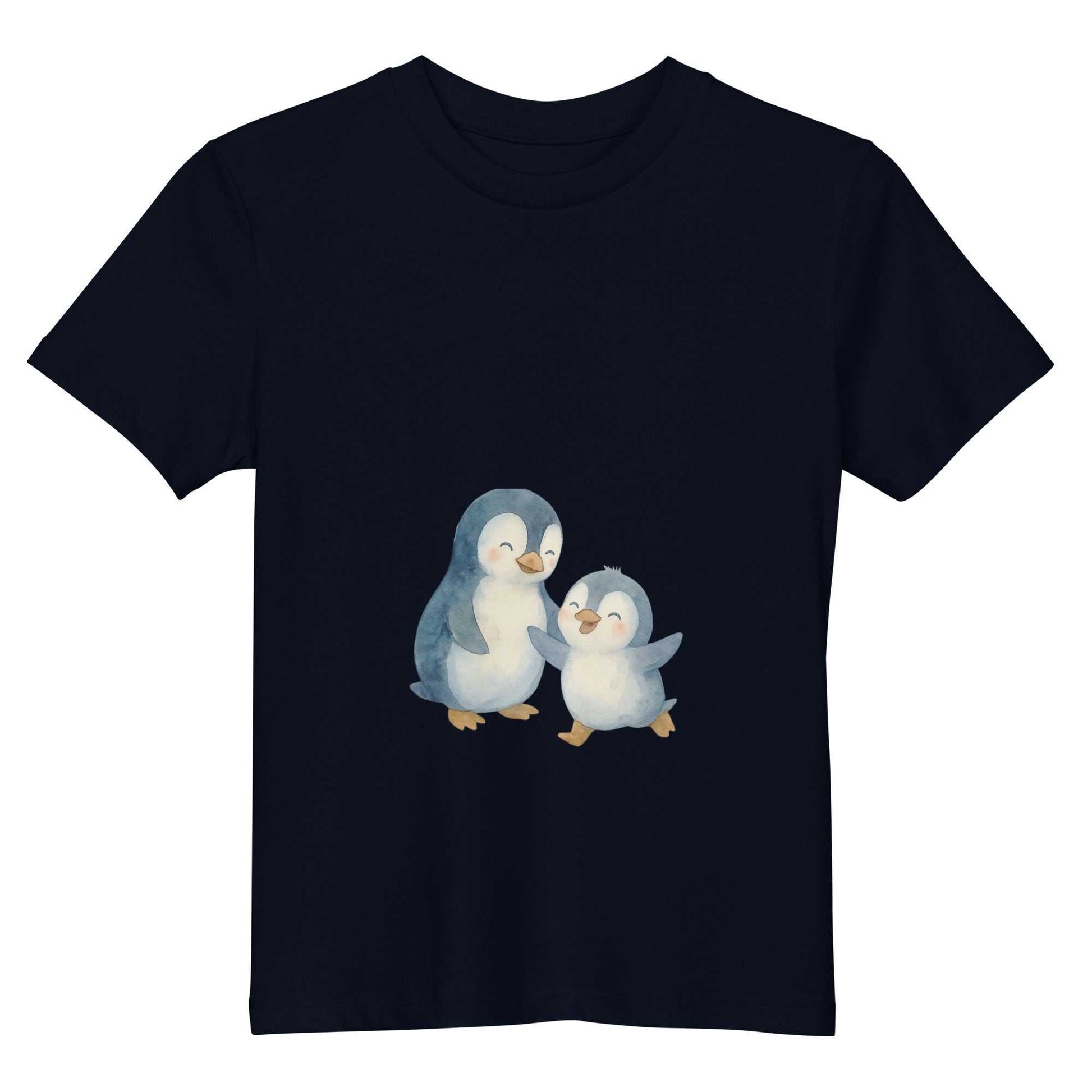 Flat view of navy kids organic cotton penguin t-shirt. Eco-friendly design with soft GOTS certified cotton material.