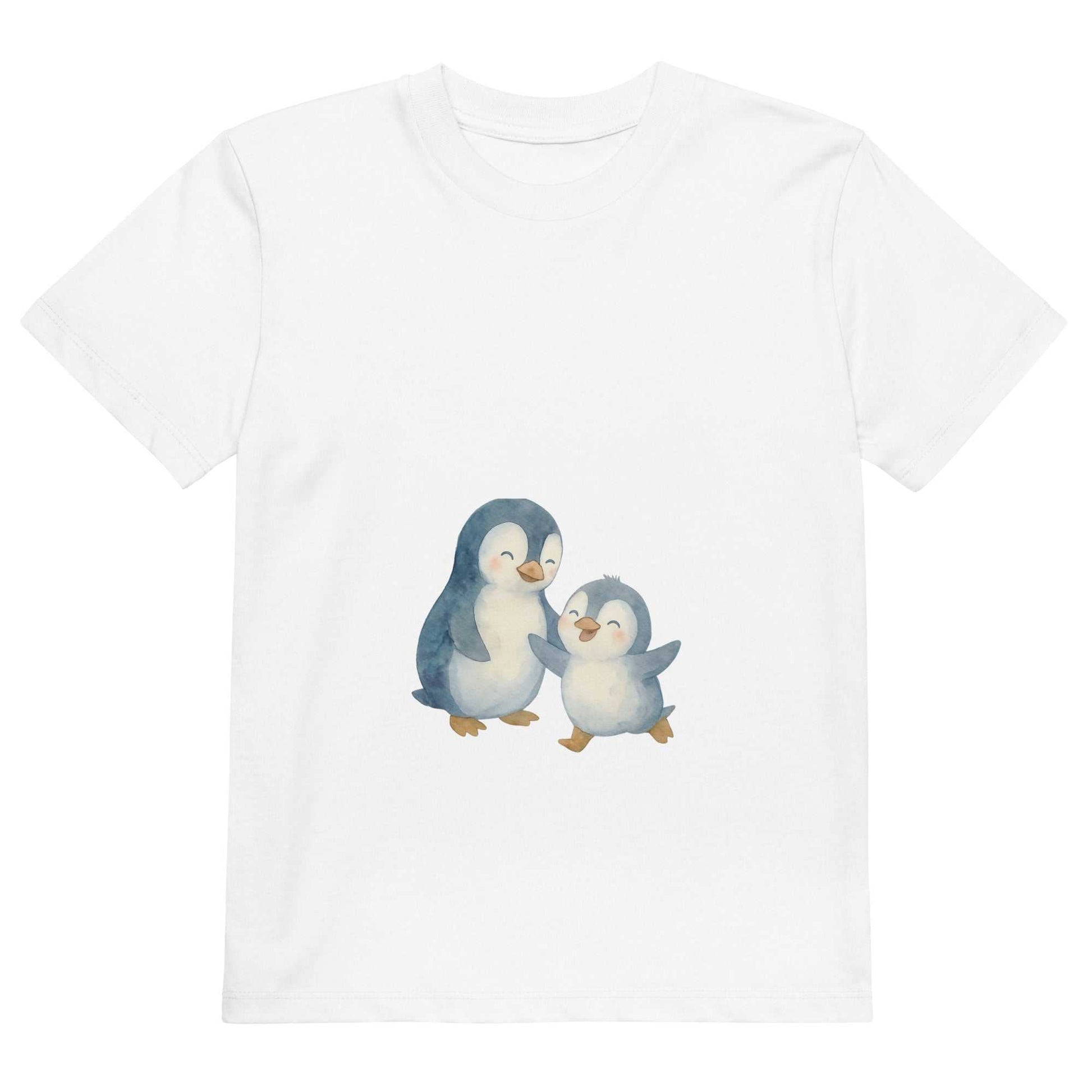 White kids organic cotton penguin t-shirt flat lay with charming penguin design. Made from GOTS certified eco-friendly cotton.