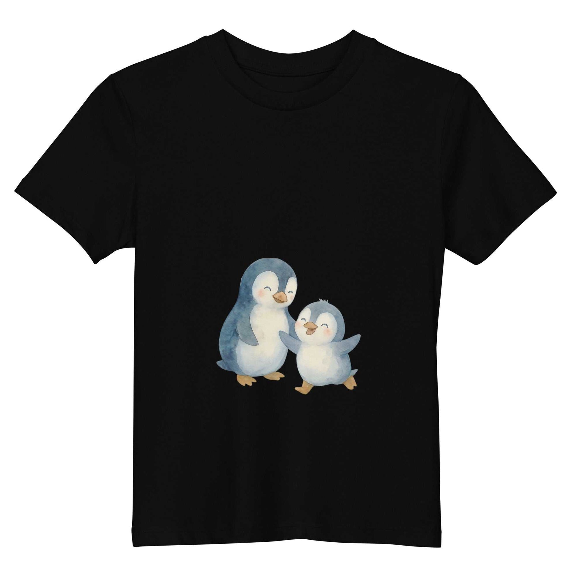 Flat lay of black kids organic cotton penguin t-shirt. Adorable penguin print on soft, eco-conscious certified cotton.