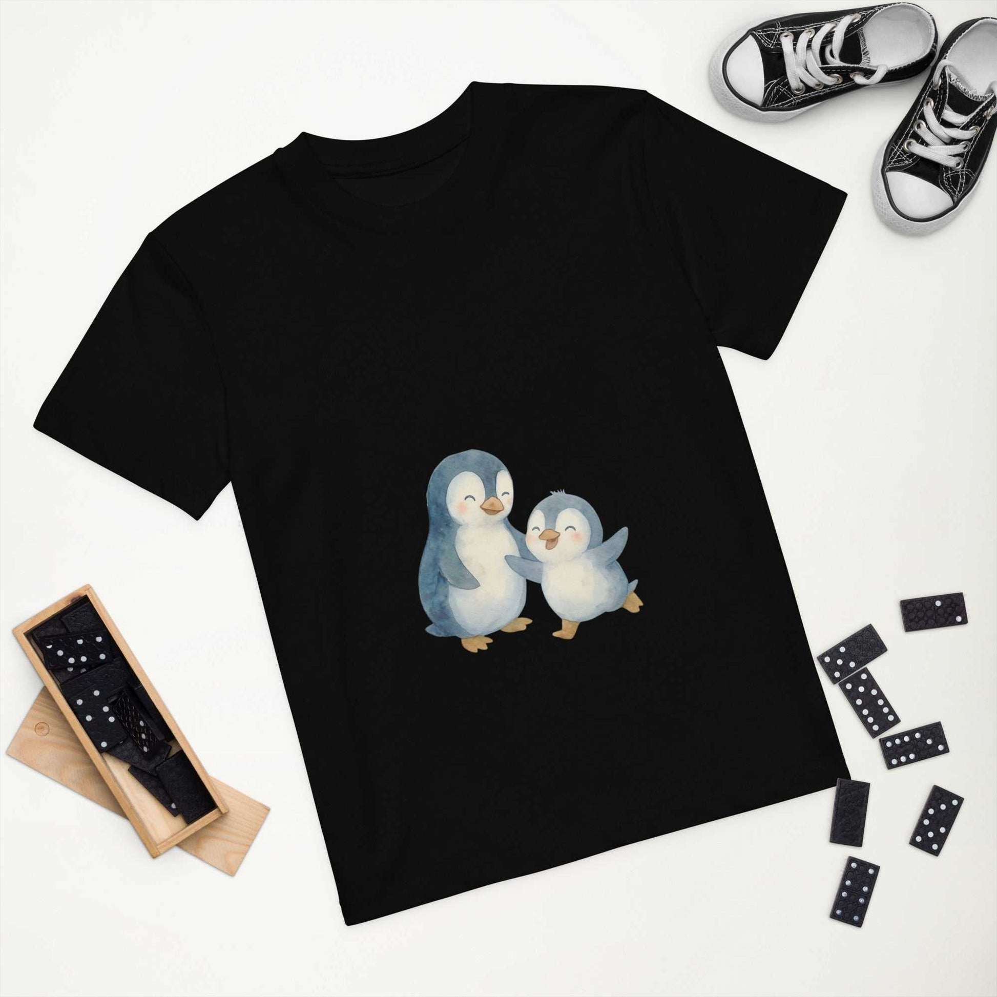 Flat lay of black Kids Organic Cotton Penguin T-Shirt with eco-friendly penguin print, surrounded by toys and sneakers.