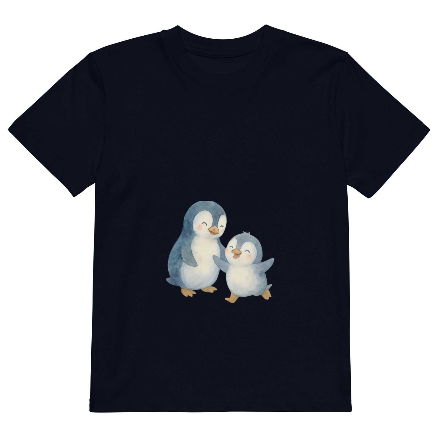 Navy blue kids organic cotton penguin t-shirt laid flat. Features eco-friendly penguin print on soft certified cotton.