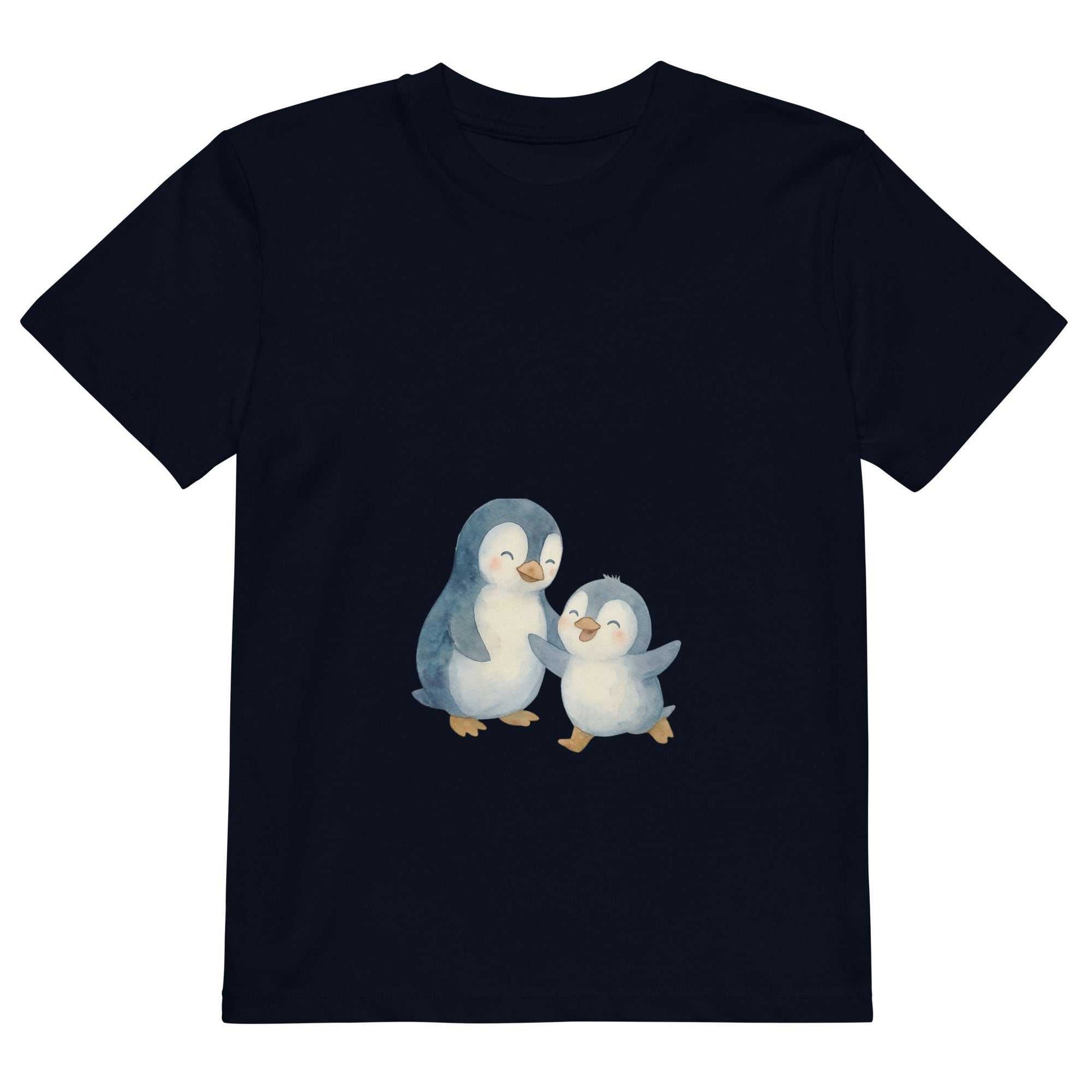 Navy blue kids organic cotton penguin t-shirt laid flat. Features eco-friendly penguin print on soft certified cotton.