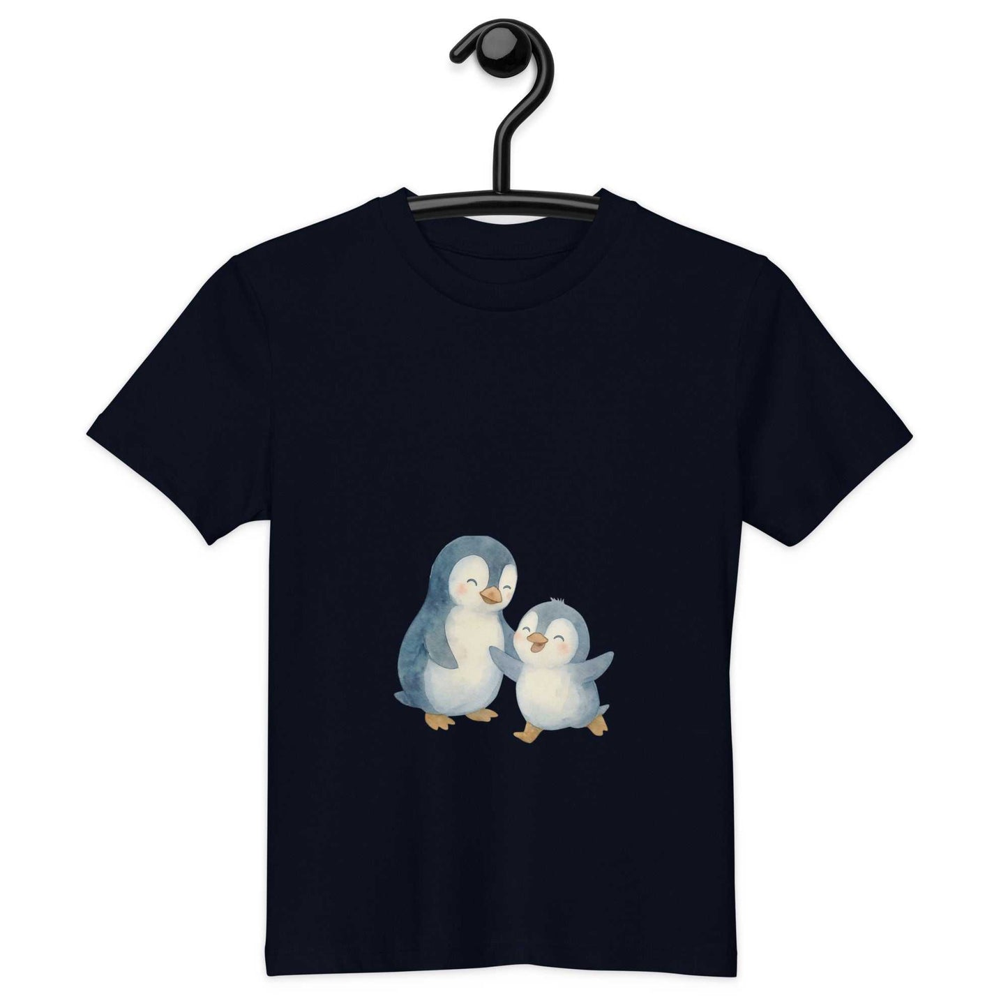 Navy kids organic cotton penguin t-shirt with adorable penguin print, crafted from GOTS certified eco-friendly material for safe, soft wear.