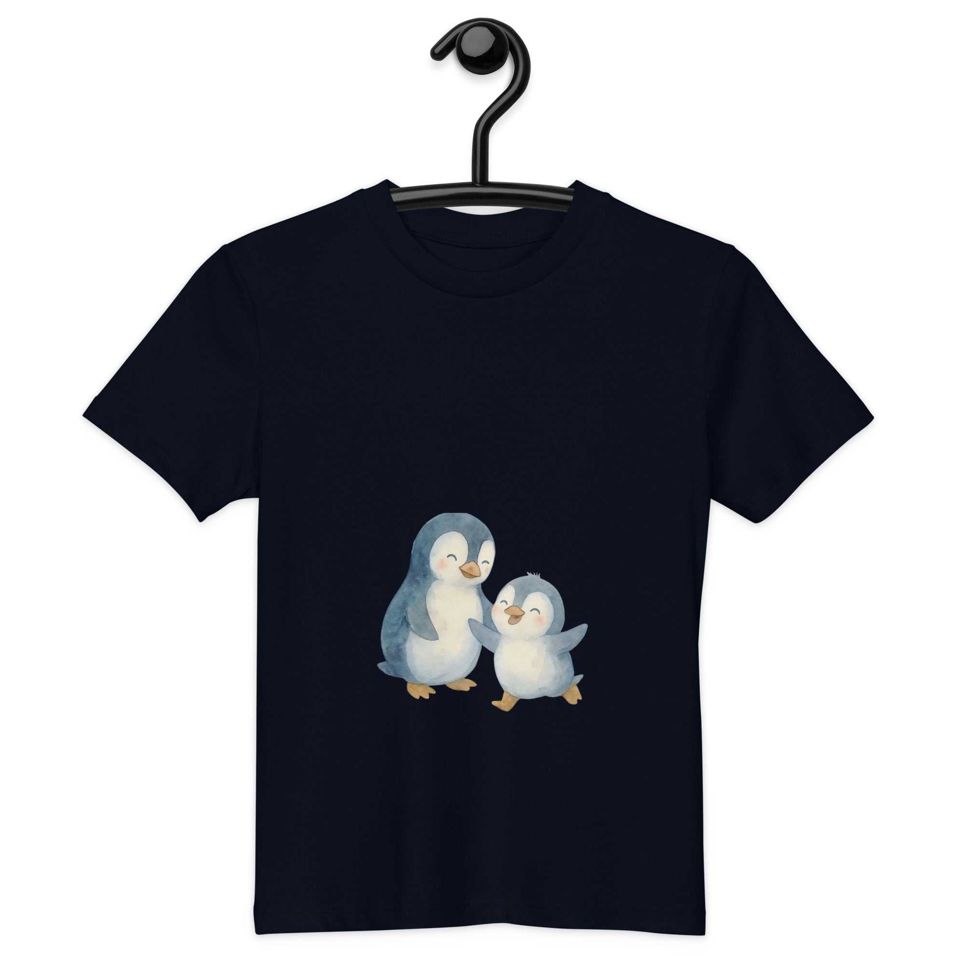 Navy kids organic cotton penguin t-shirt with adorable penguin print, crafted from GOTS certified eco-friendly material for safe, soft wear.