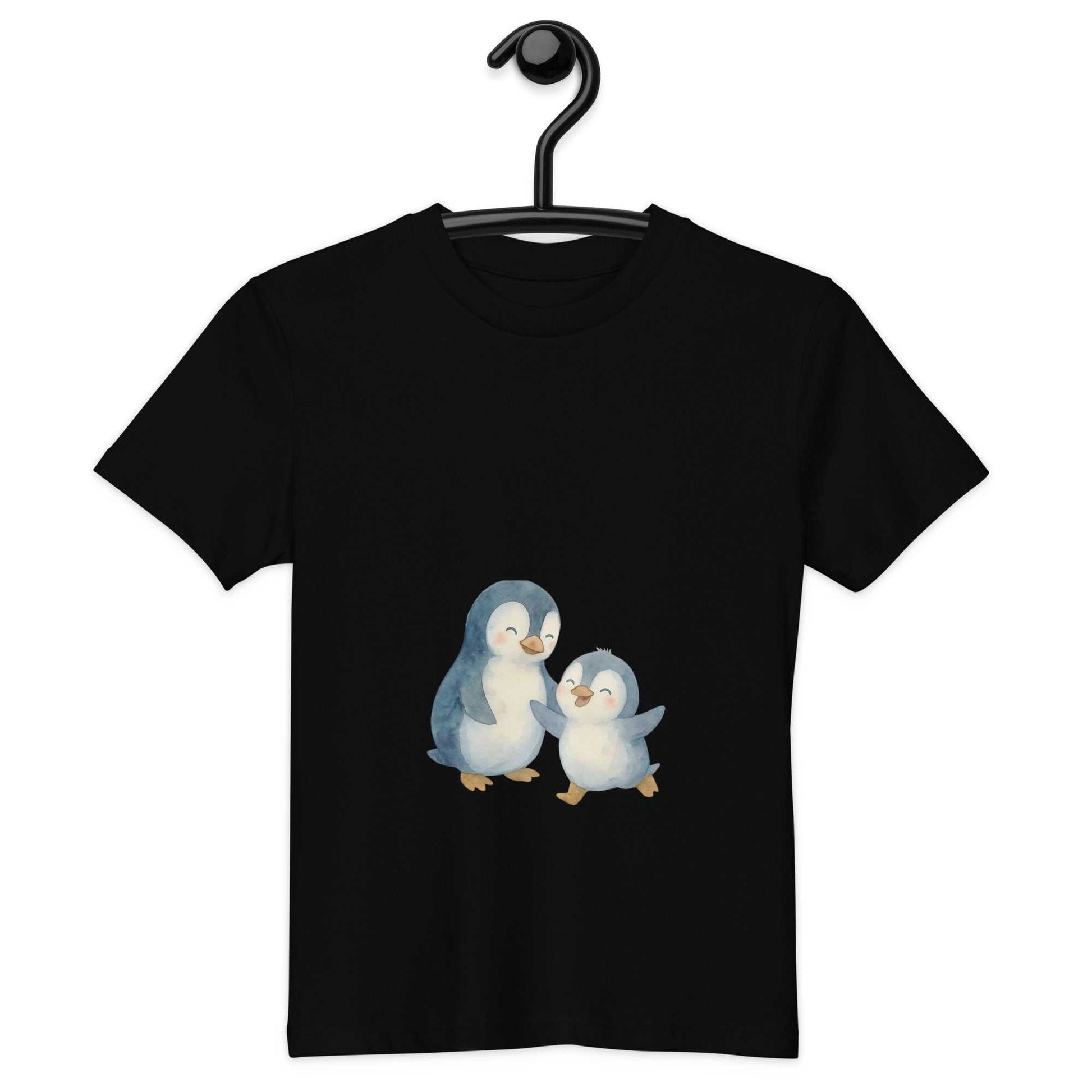 Kids organic cotton penguin t-shirt in black featuring eco-friendly design with two cute penguins, made from soft GOTS certified fabric.