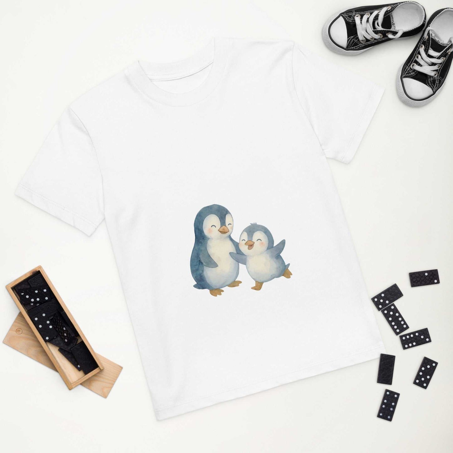 White Kids Organic Cotton Penguin T-Shirt laid flat with playful penguin print, ideal for eco-conscious families.