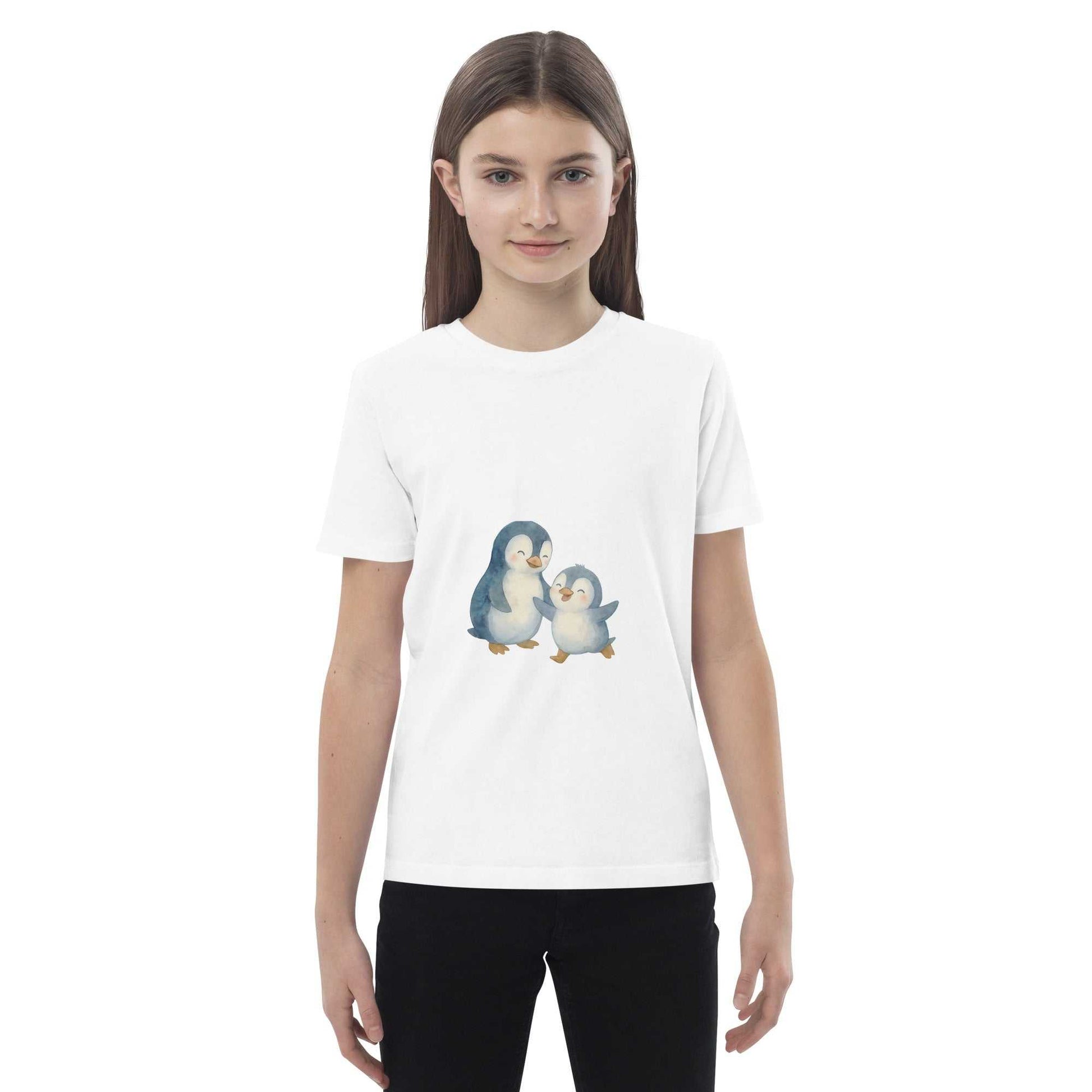 Girl wearing white Kids Organic Cotton Penguin T-Shirt with eco-friendly penguin print, ideal for everyday comfort.