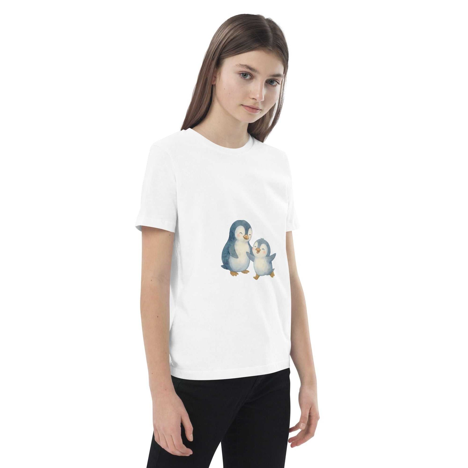 Side view of girl in white Kids Organic Cotton Penguin T-Shirt with charming penguin print and sustainable cotton material.