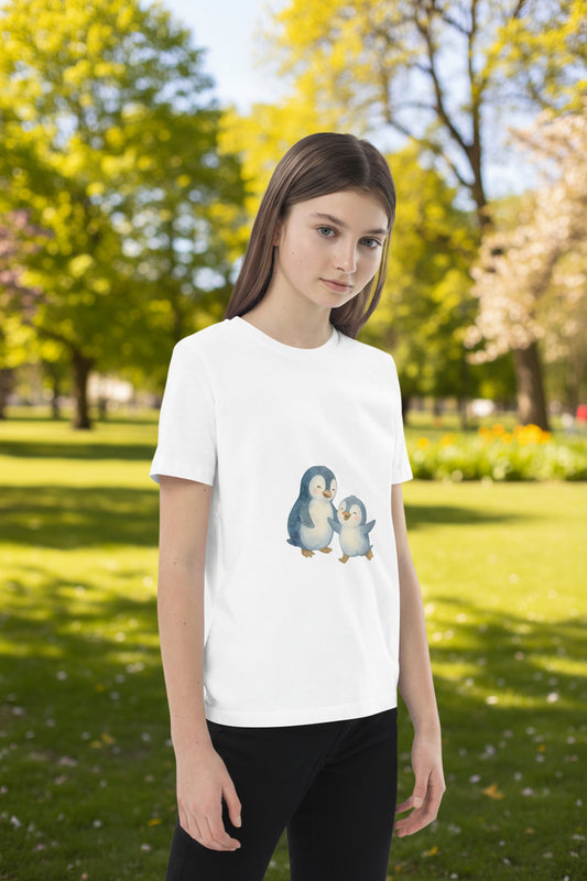 Side view of girl in white Kids Organic Cotton Penguin T-Shirt with charming penguin print and sustainable cotton material.