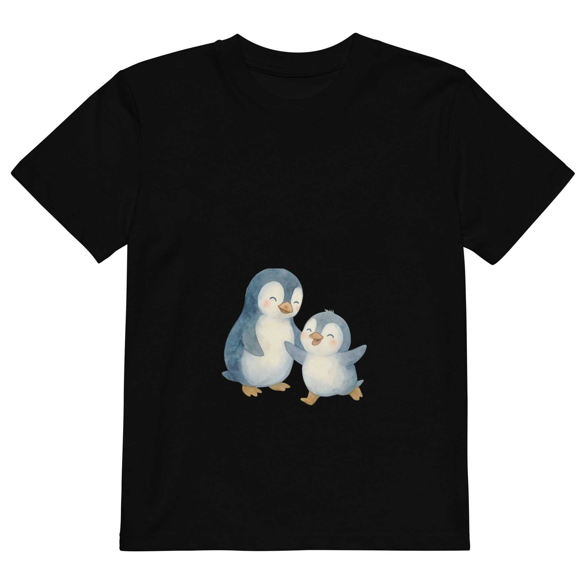 Flat lay of black kids organic cotton penguin t-shirt with cute penguin design. Eco-friendly and GOTS certified fabric.