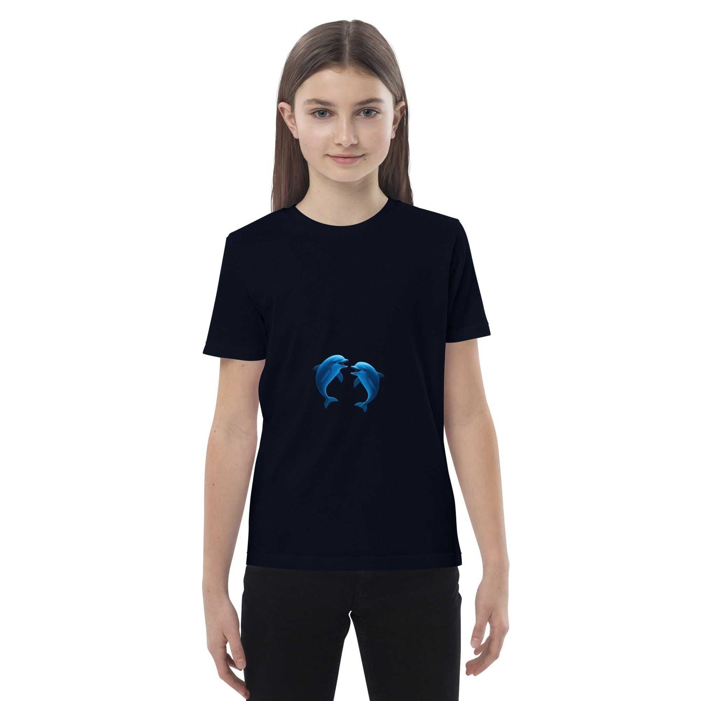 Navy Kids Eco T-Shirt with playful dolphins design, modeled by a child. Soft and sustainable organic cotton fabric.