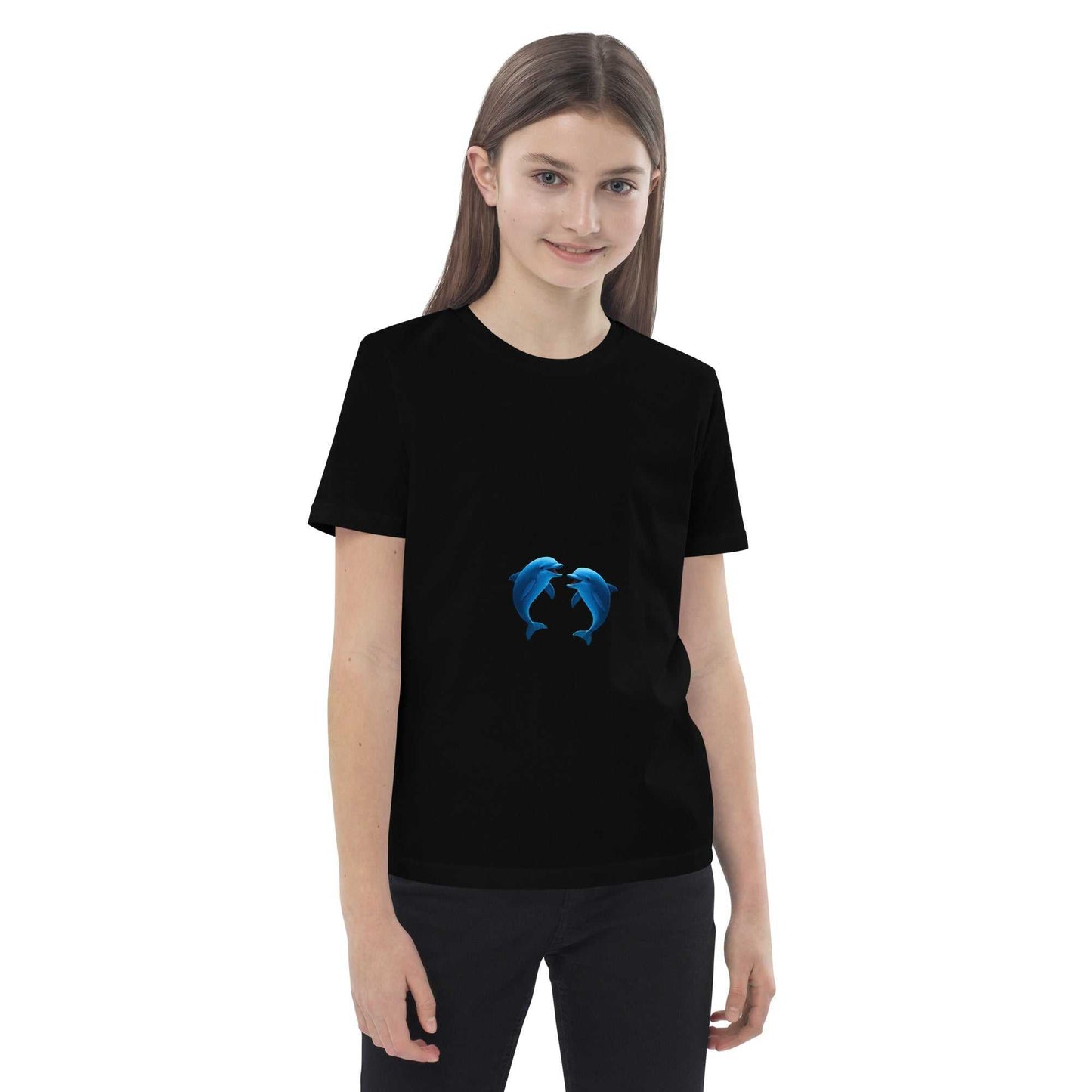 Kids Eco T-Shirt - Playing Dolphins Design in black, worn by a child. Made from soft organic cotton, ideal for eco-conscious families.