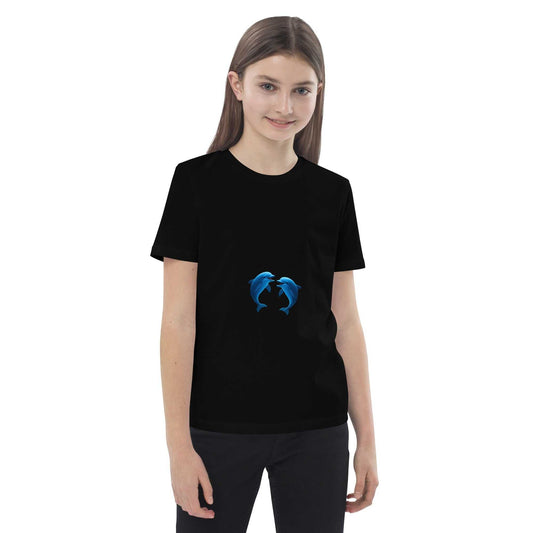 Kids Eco T-Shirt - Playing Dolphins Design in black, worn by a child. Made from soft organic cotton, ideal for eco-conscious families.