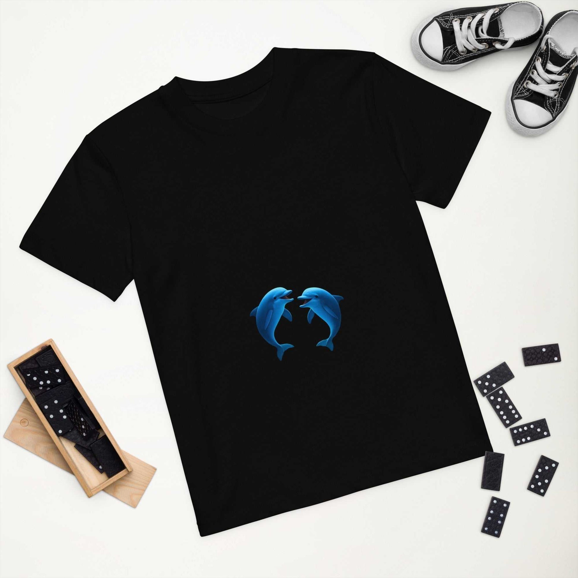 Flat lay of Kids Organic Cotton T-Shirt in black with playful dolphins design. GOTS-certified eco-friendly apparel for kids.