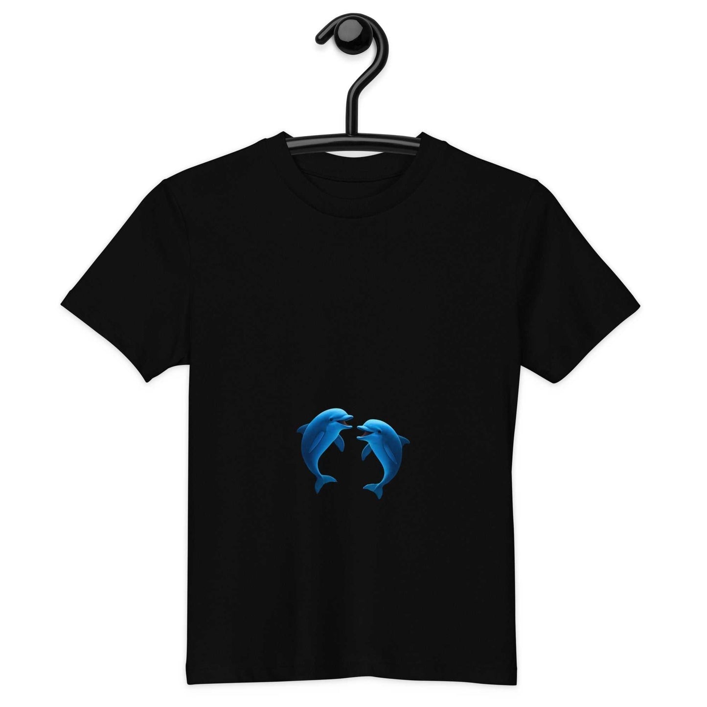 Kids Eco T-Shirt - Playing Dolphins Design in black, made from soft organic cotton with GOTS certification. Features two playful blue dolphins.