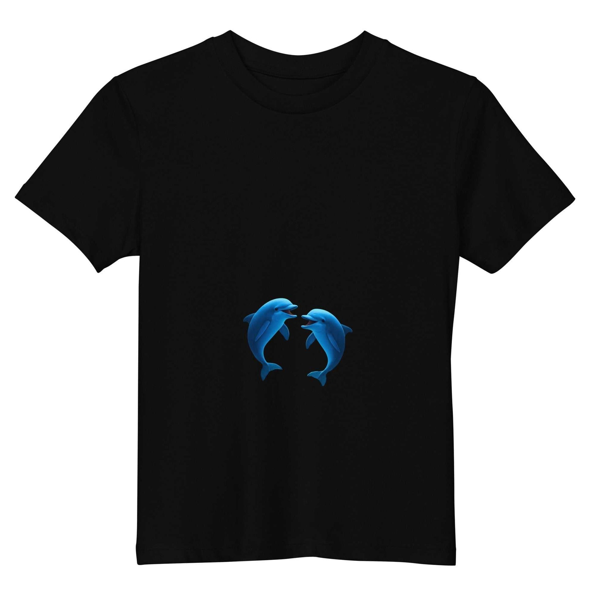 Black Kids Organic Cotton T-Shirt with dolphins design, sustainable and soft, ideal for eco-conscious children's fashion.