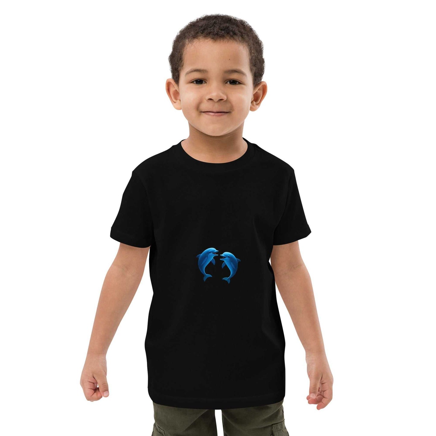 Kids Eco T-Shirt - Playing Dolphins Design in black, made from organic cotton, worn by a child. Soft, comfy, and GOTS certified.