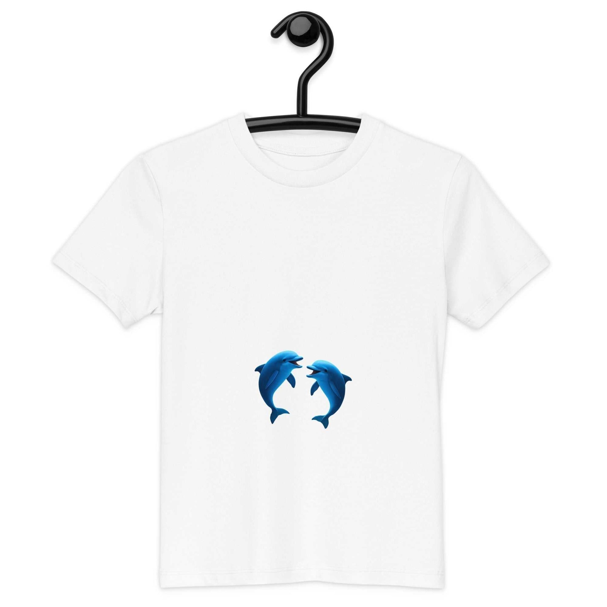 White Kids Eco T-Shirt with two blue dolphins graphic. Made from GOTS-certified organic cotton for softness and sustainability.