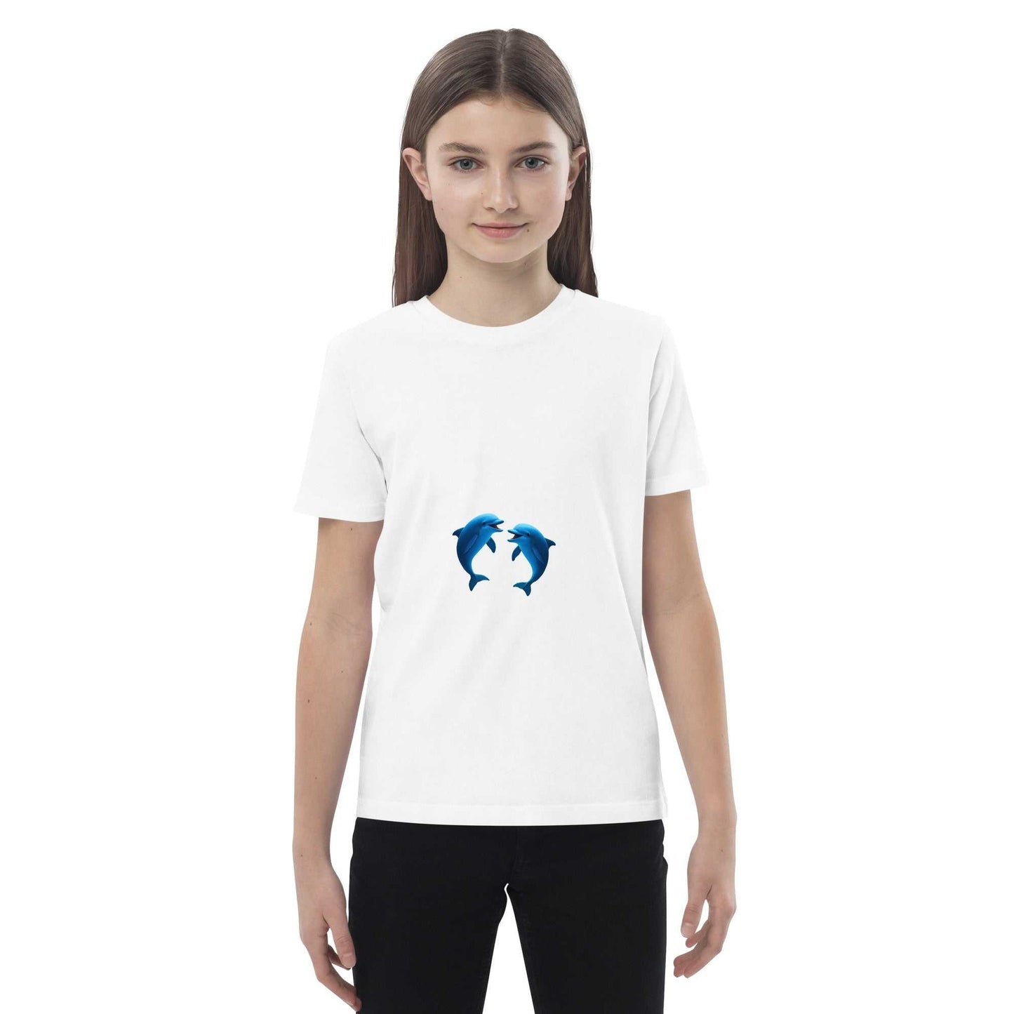 White Kids Eco T-Shirt with playful dolphins design, modeled by a child. GOTS-certified organic cotton for comfort.