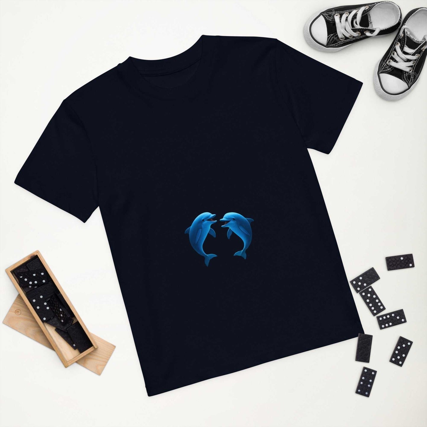 Navy blue Kids Organic Cotton T-Shirt with playing dolphins design. Sustainable and comfy choice for children's everyday wear.