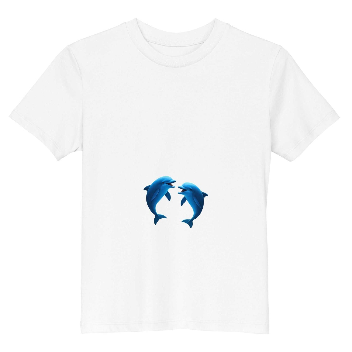 White Kids Organic Cotton T-Shirt with blue dolphins print, eco-friendly and perfect for everyday wear.