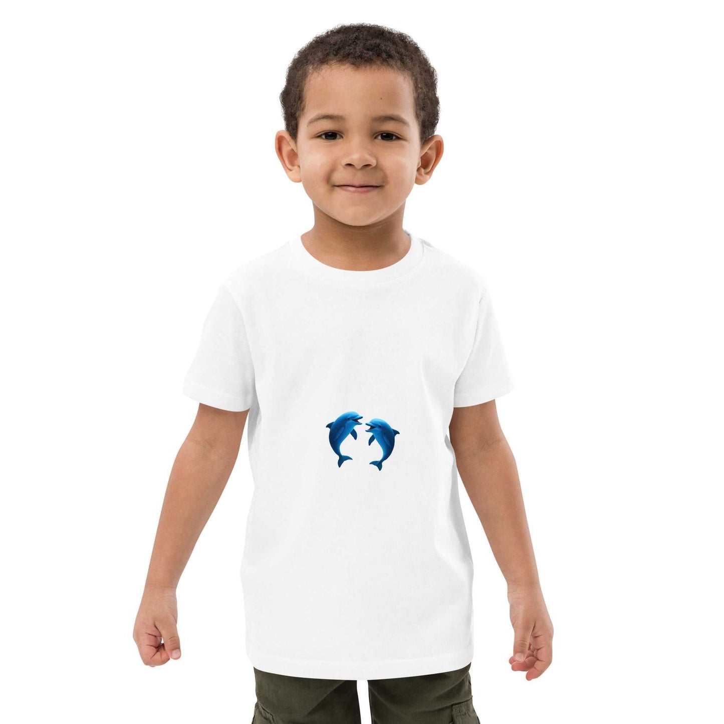 White Kids Organic Cotton T-Shirt with playful dolphins design, GOTS certified and perfect for eco-conscious families.