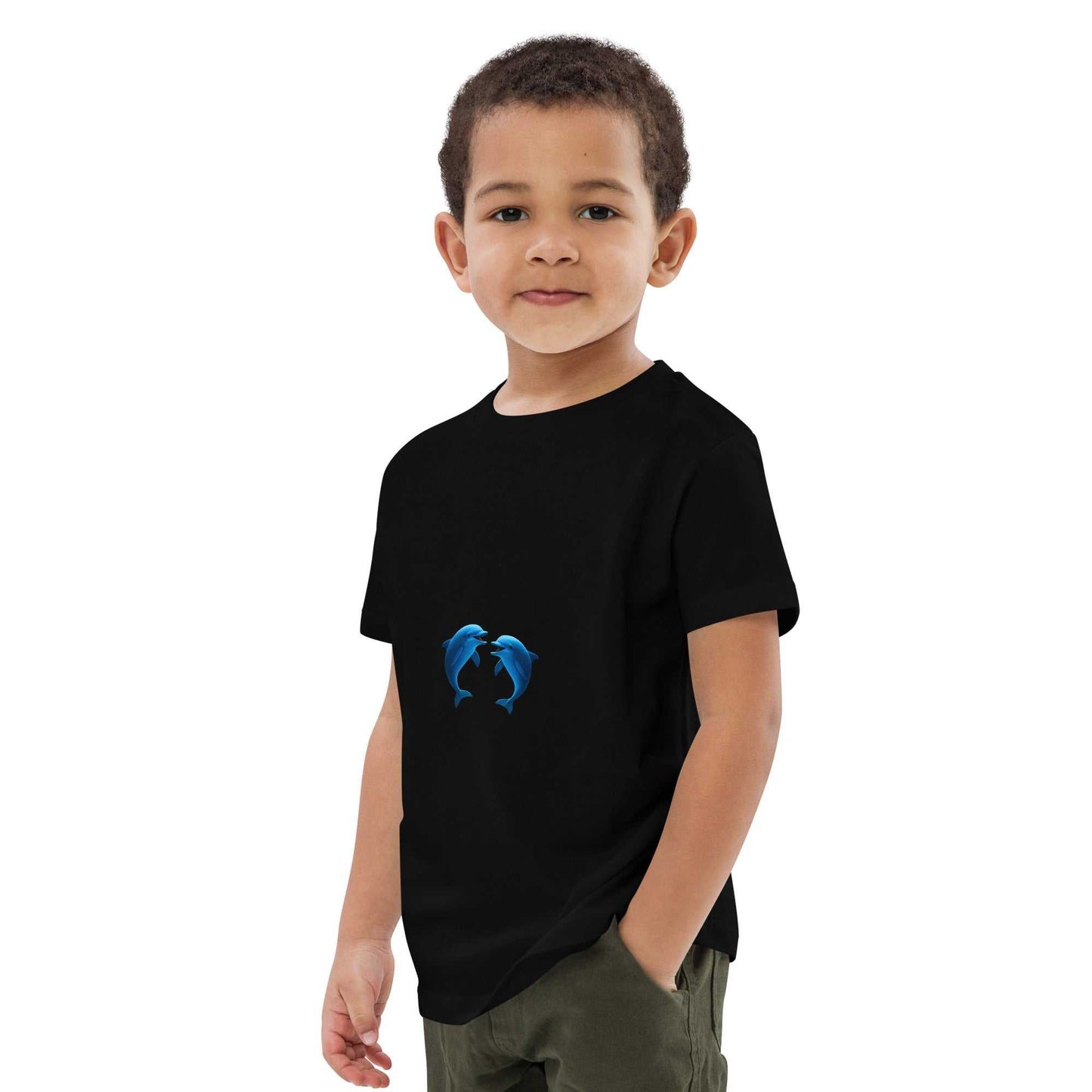 Eco-friendly Kids T-Shirt in black with blue dolphins print, made from soft organic cotton, perfect for active kids.