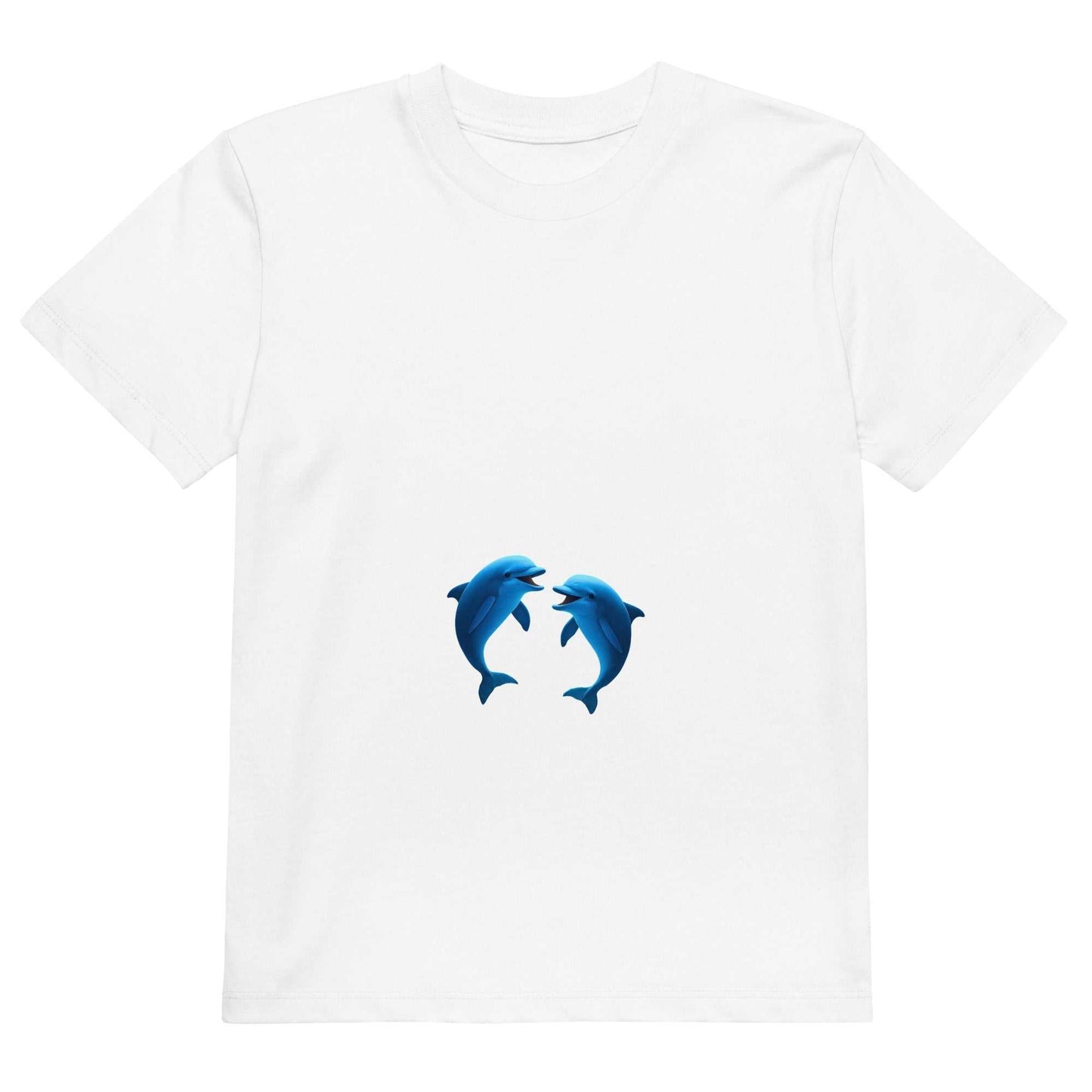 White Kids Eco T-Shirt with blue dolphins design, flat lay showcasing GOTS certified organic cotton material.