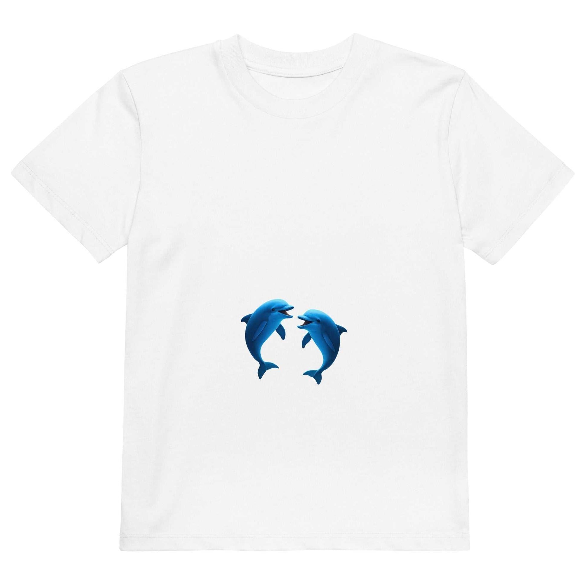 White Kids Eco T-Shirt with blue dolphins design, flat lay showcasing GOTS certified organic cotton material.