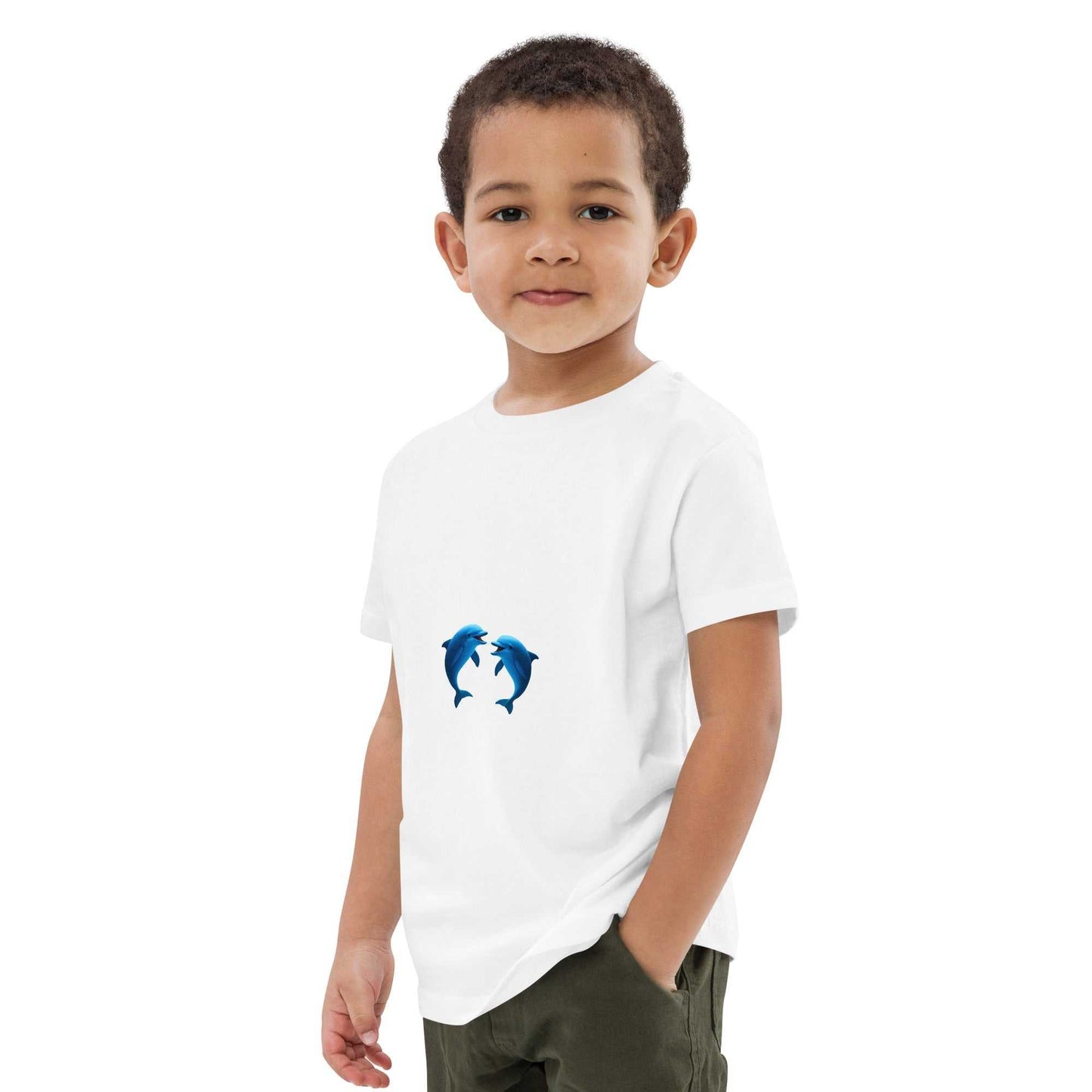 White Kids Eco T-Shirt featuring a fun dolphins design, crafted from GOTS certified organic cotton for comfort and safety.