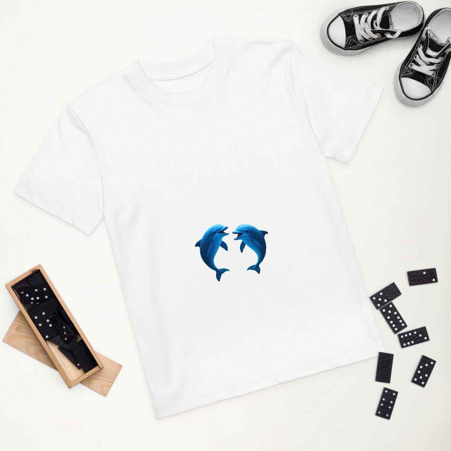 White Kids Eco T-Shirt featuring a playful dolphins design. Made from GOTS-certified organic cotton for comfort and safety.