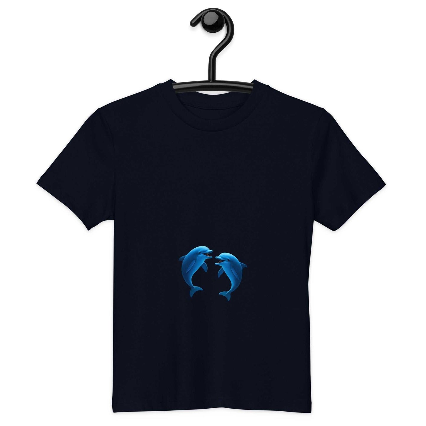Kids Organic Cotton T-Shirt in navy with playful dolphins design. Eco-friendly, GOTS certified, perfect for comfortable everyday wear.