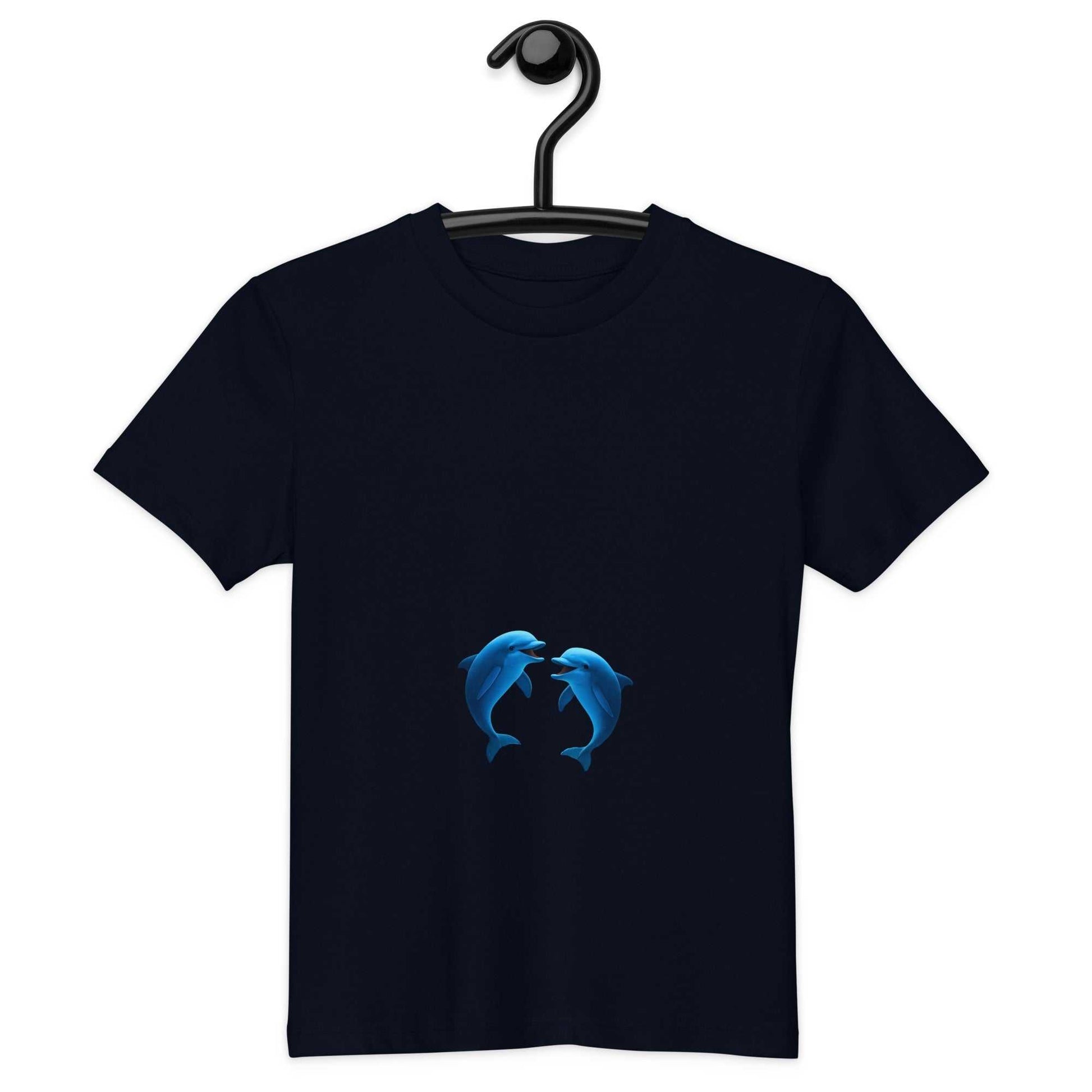 Kids Organic Cotton T-Shirt in navy with playful dolphins design. Eco-friendly, GOTS certified, perfect for comfortable everyday wear.