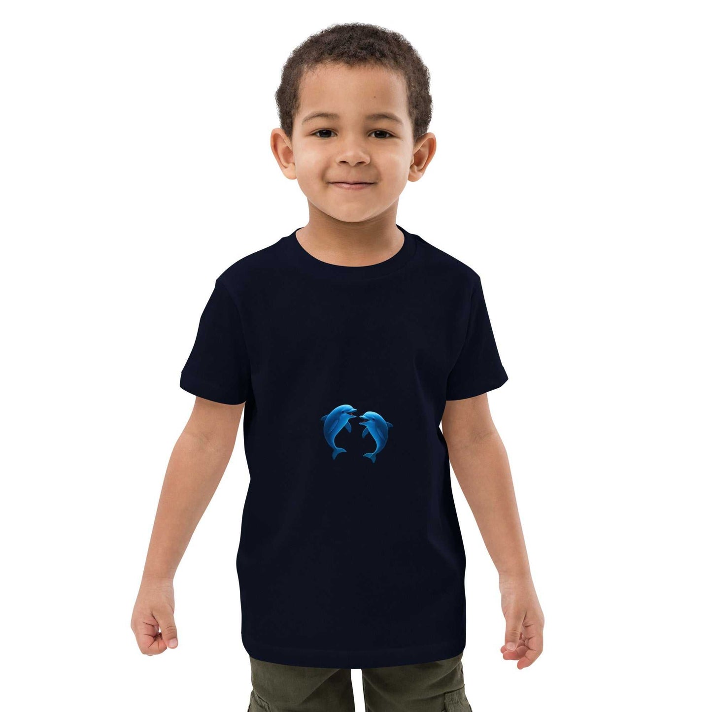 Kids Organic Cotton T-Shirt in navy with playful dolphins design, GOTS certified and ideal for everyday comfort.