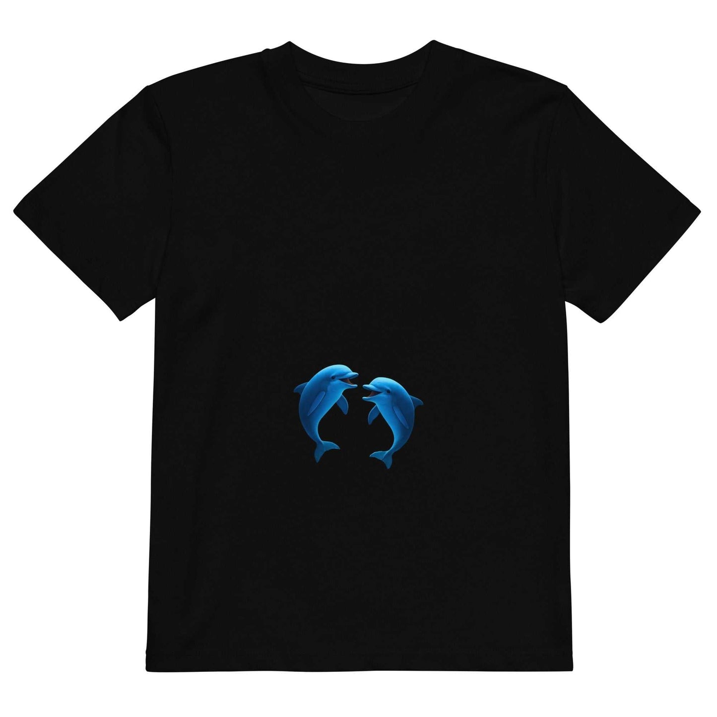 Flat lay of black Kids Organic Cotton T-Shirt with blue dolphins design, GOTS certified and eco-friendly apparel.