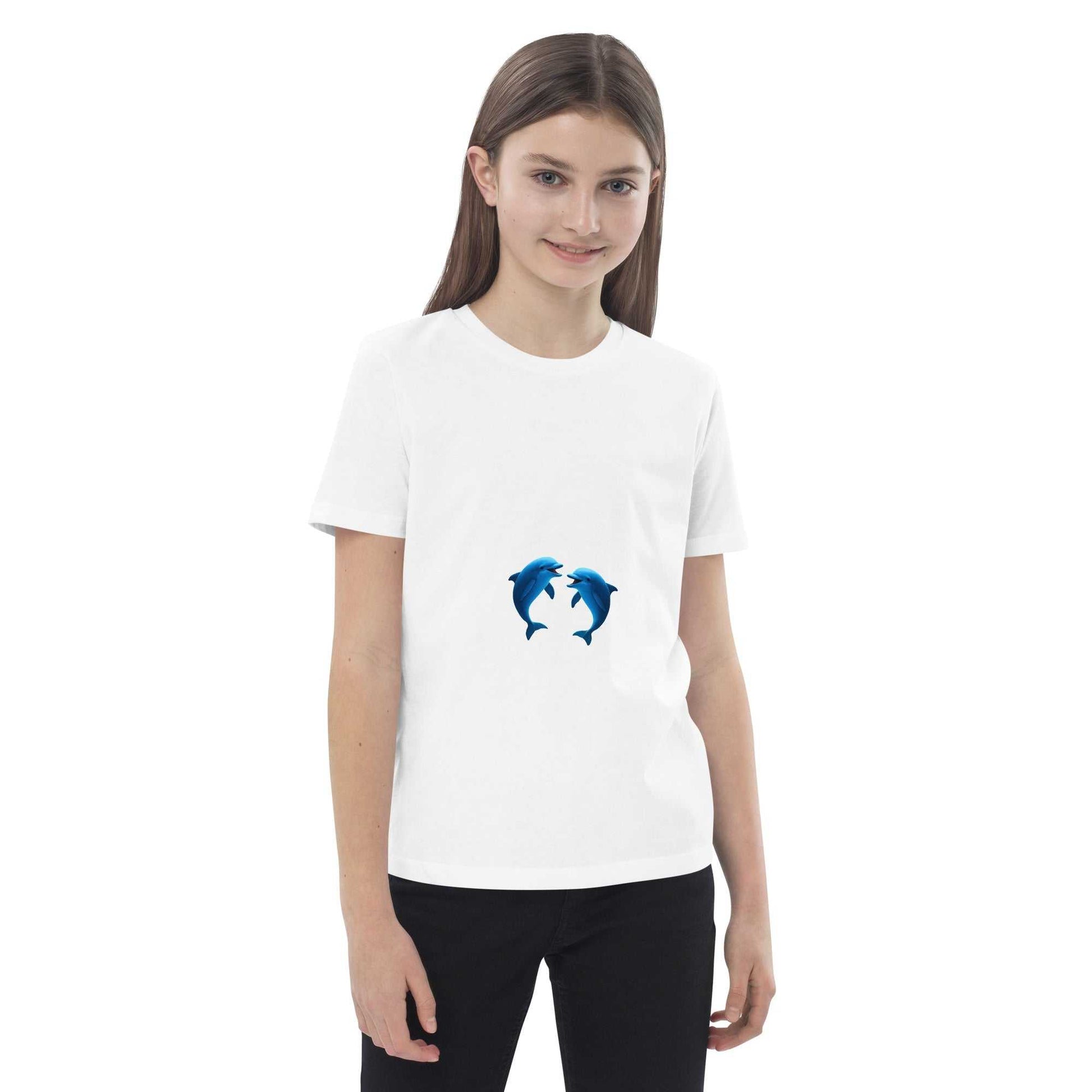 Smiling child wearing white Kids Organic Cotton T-Shirt with dolphin design. Eco-friendly and soft for daily use.