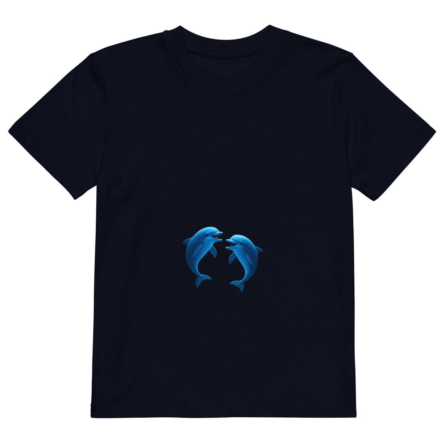 Navy Kids Organic Cotton T-Shirt with playful dolphins print, laid flat to show eco-friendly design and soft fabric.