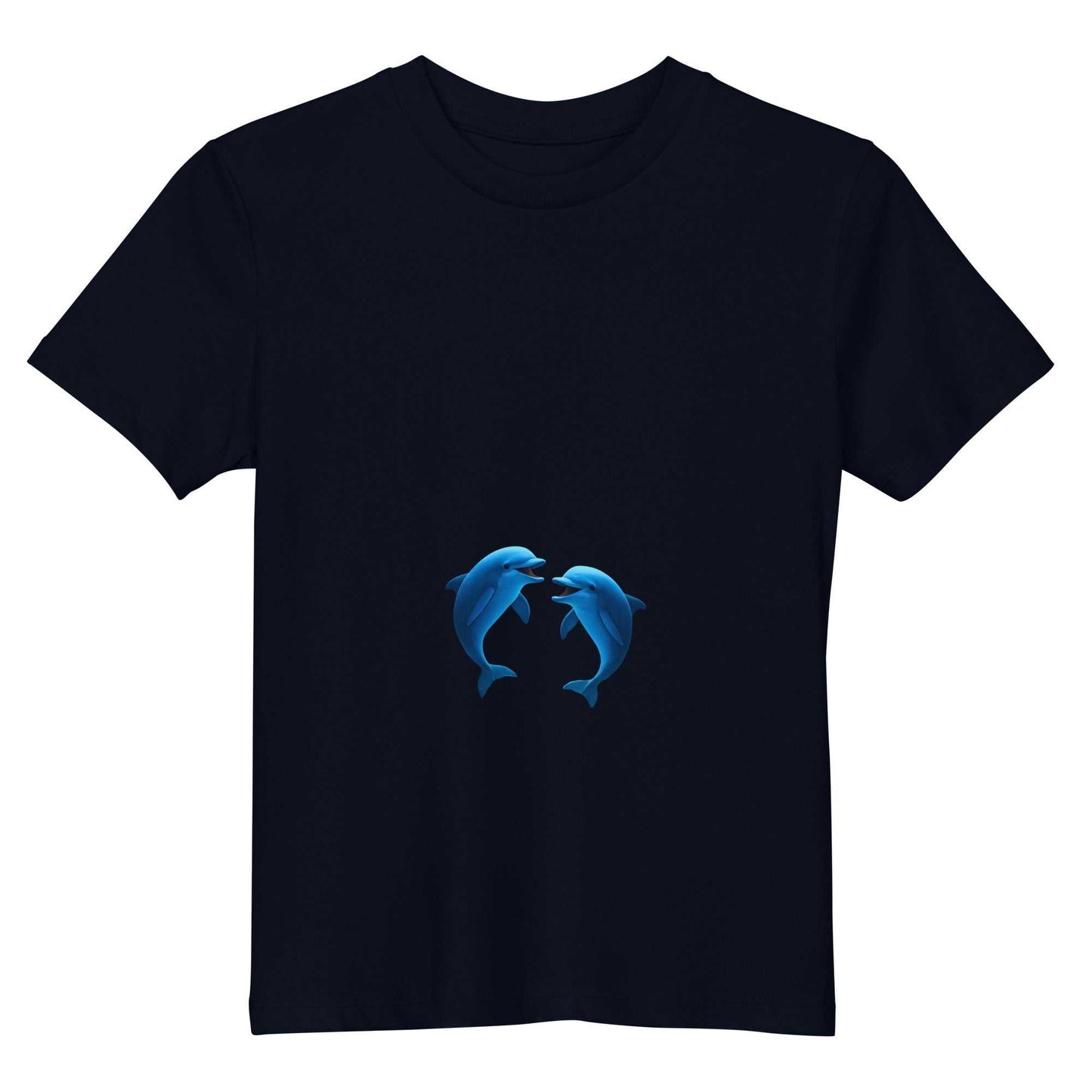 Navy Kids Eco T-Shirt with playful dolphins design, made from GOTS certified organic cotton for comfort and durability.